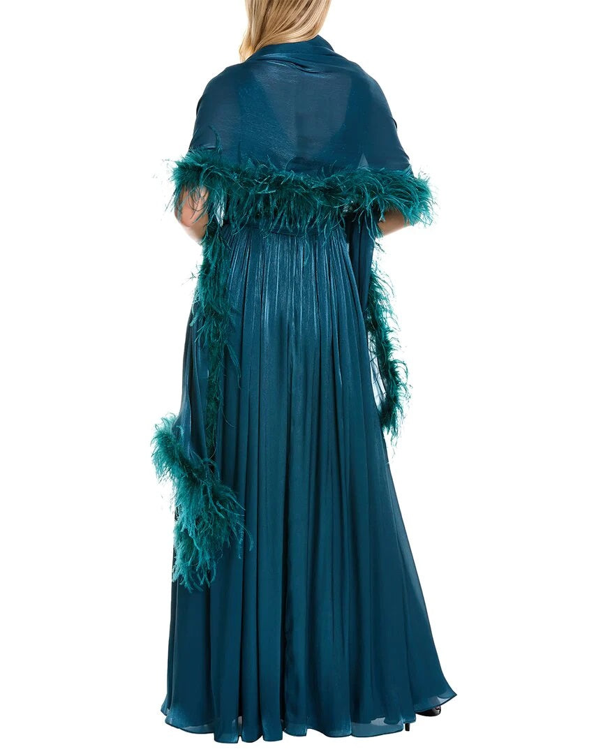 Teal V-Neck Floor-Length Chiffon Formal A-Line Gown Sequin Bodice and Feather Wrap Badgley Mischka EG3614