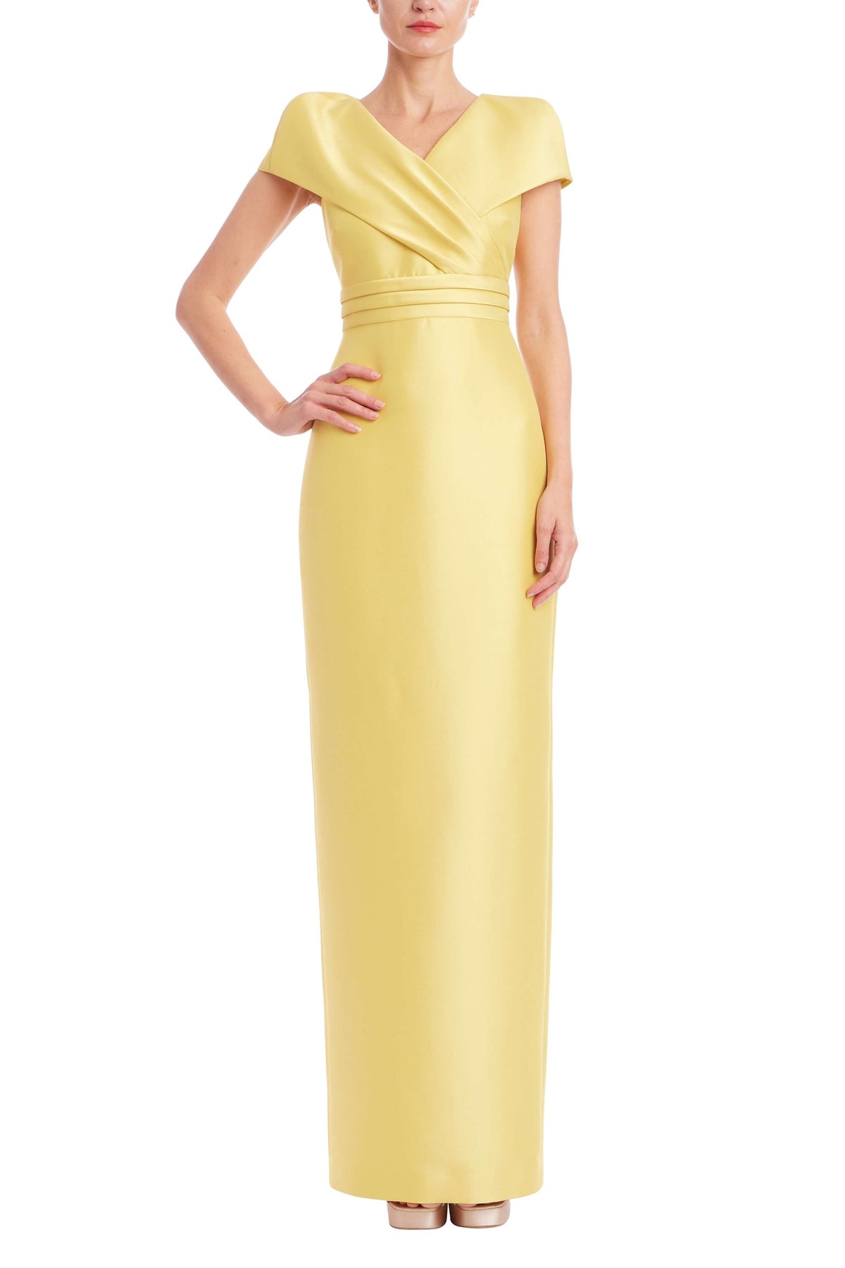 Badgley Mischka Faux Wrap Mikado Column Gown EG5138