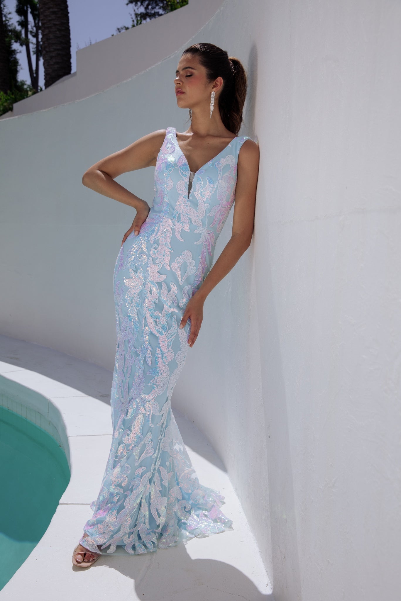 Prom Dresses Fitted Long Formal Sequin Print Prom Dress Eureka Fashion EK101 Ice Blue