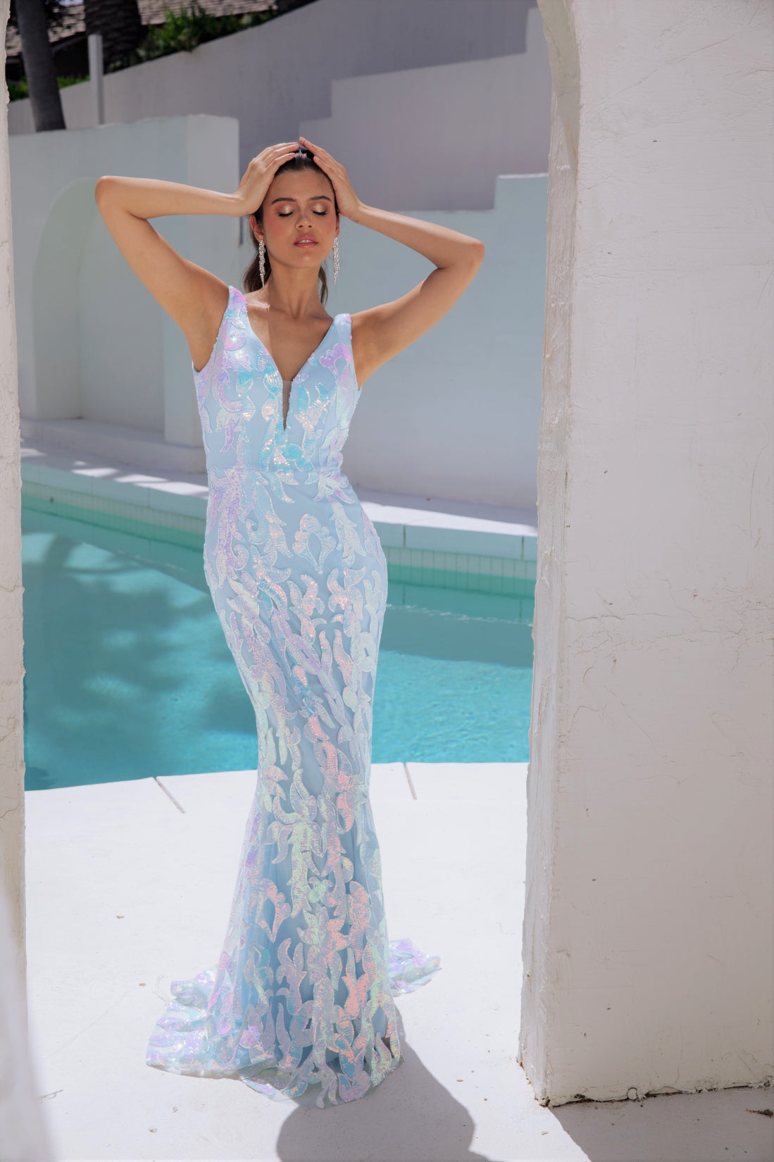 Prom Dresses Fitted Long Formal Sequin Print Prom Dress Eureka Fashion EK101 Ice Blue
