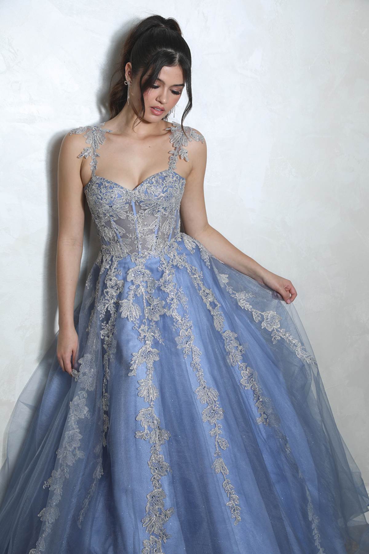 Prom Dresses A Line Beaded Lace Long Formal Prom Dress Eureka Fashion EK115 Dusty Blue/Silver