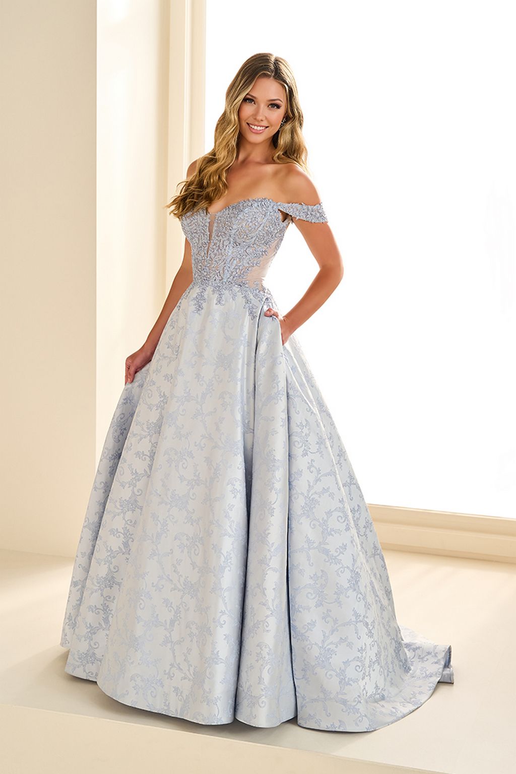 Prom Dresses Long Brocade Ball Gown Formal Prom Dress Blue Pearl