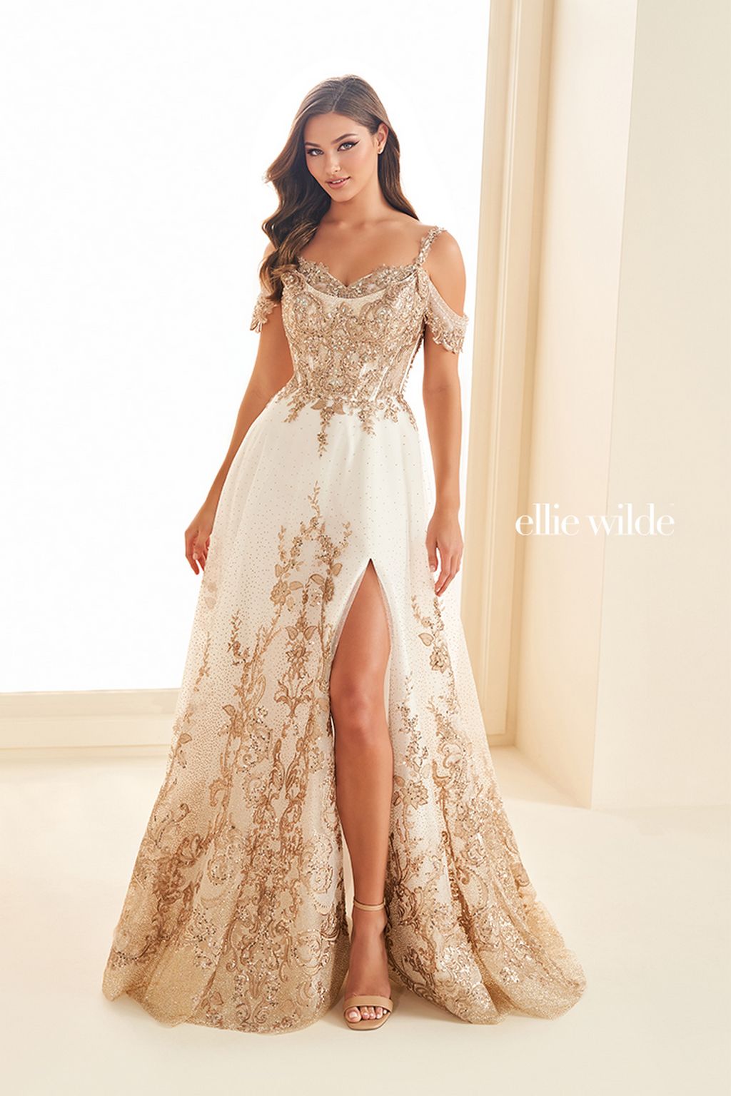 Ivory/Gold Ellie Wilde EW36220 Long Glitter Gown Formal A Line
