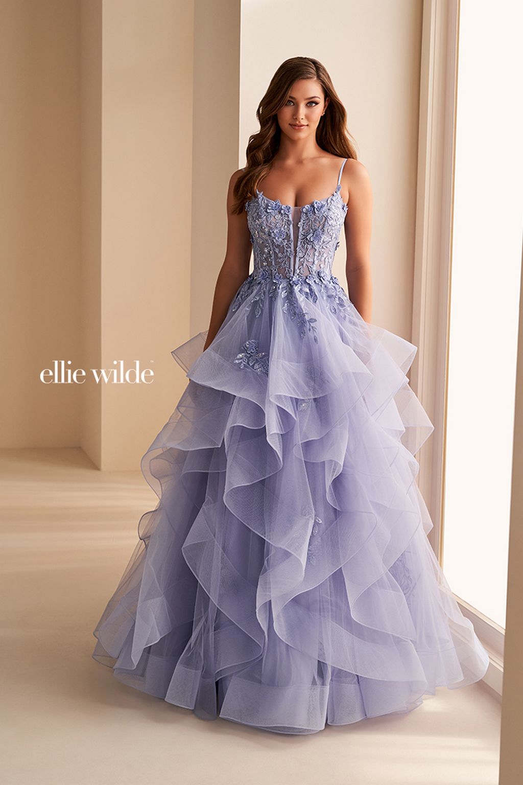 Prom Dresses Long Lace Ball Gown Formal Ruffled Beaded Prom Dress Blue Haze