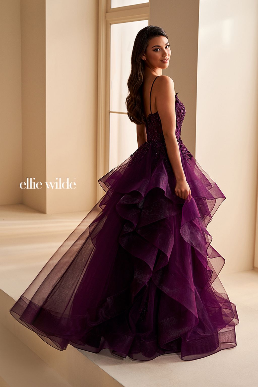 Prom Dresses Long Lace Ball Gown Formal Ruffled Beaded Prom Dress Dark Plum