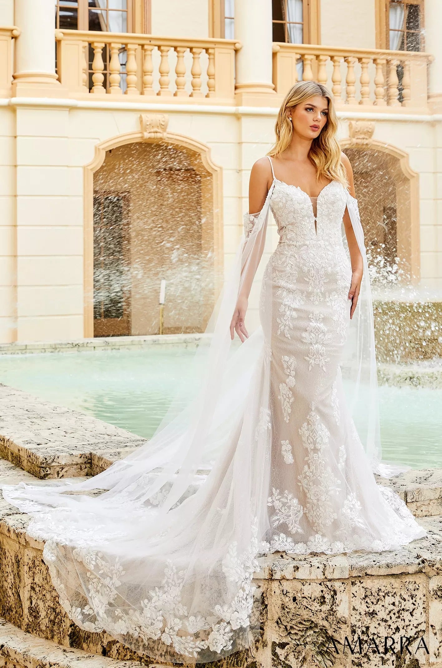 Wedding Dresses Floral Lace Glitter Cape Long Fitted Bridal Wedding Dress Amarra 84377 Ivory/Ivory