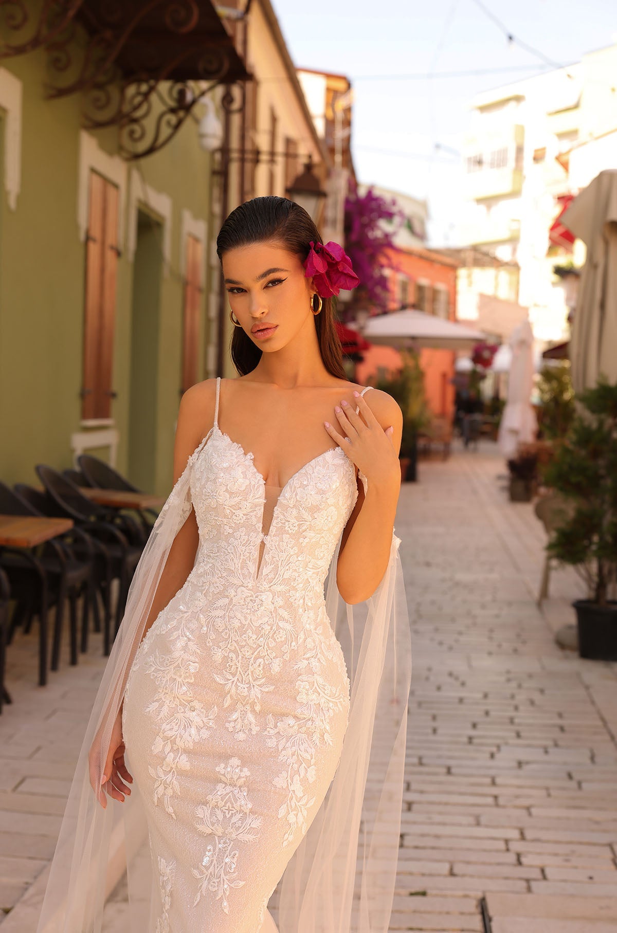 Wedding Dresses Floral Lace Glitter Cape Long Fitted Bridal Wedding Dress Amarra 84377 Ivory/Nude