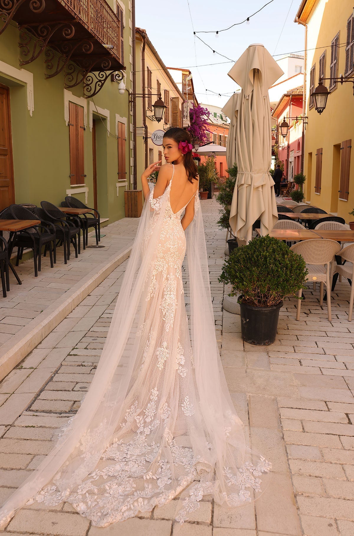 Wedding Dresses Floral Lace Glitter Cape Long Fitted Bridal Wedding Dress Amarra 84377 Ivory/Nude