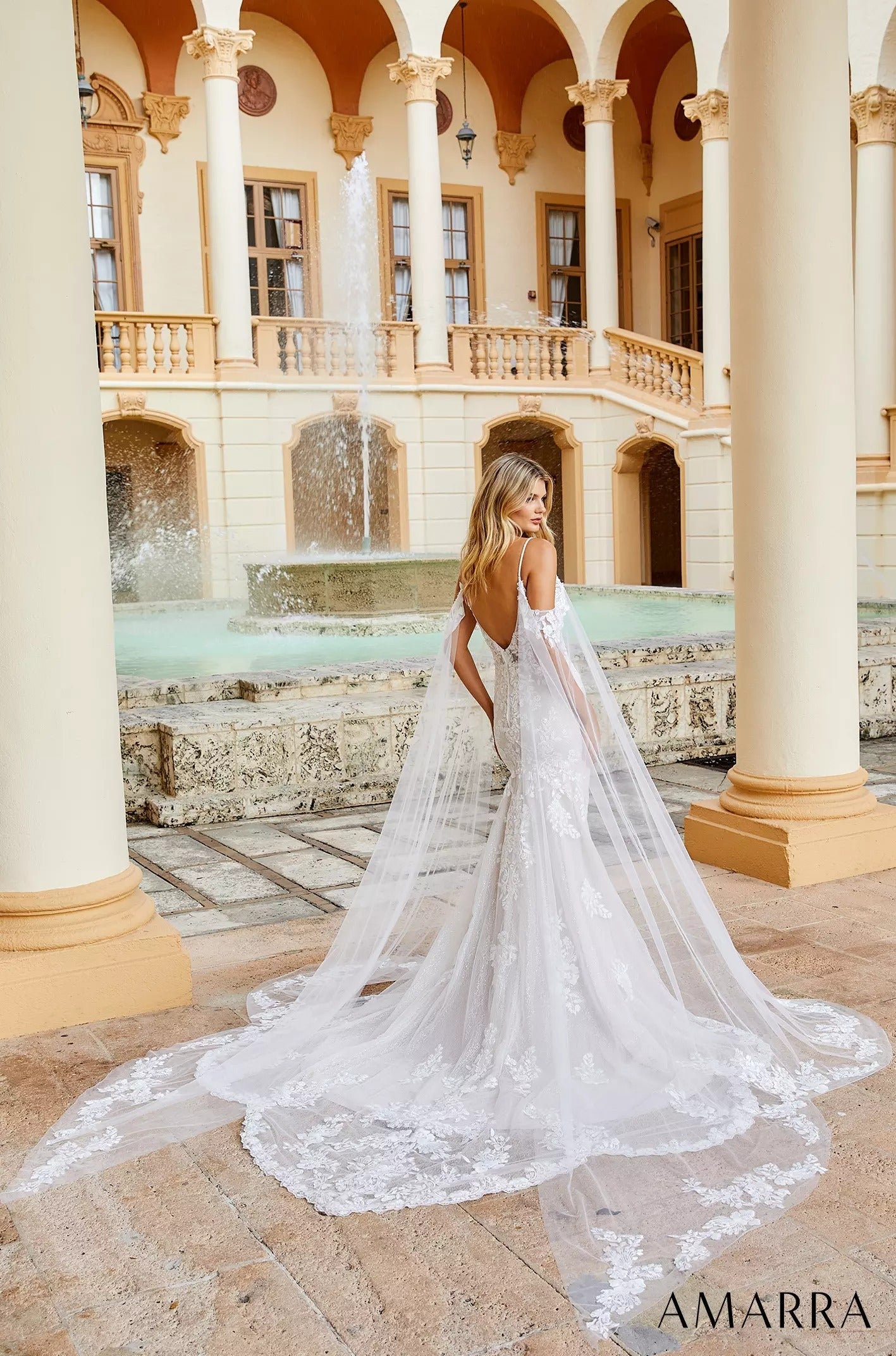Wedding Dresses Floral Lace Glitter Cape Long Fitted Bridal Wedding Dress Amarra 84377 Ivory/Ivory
