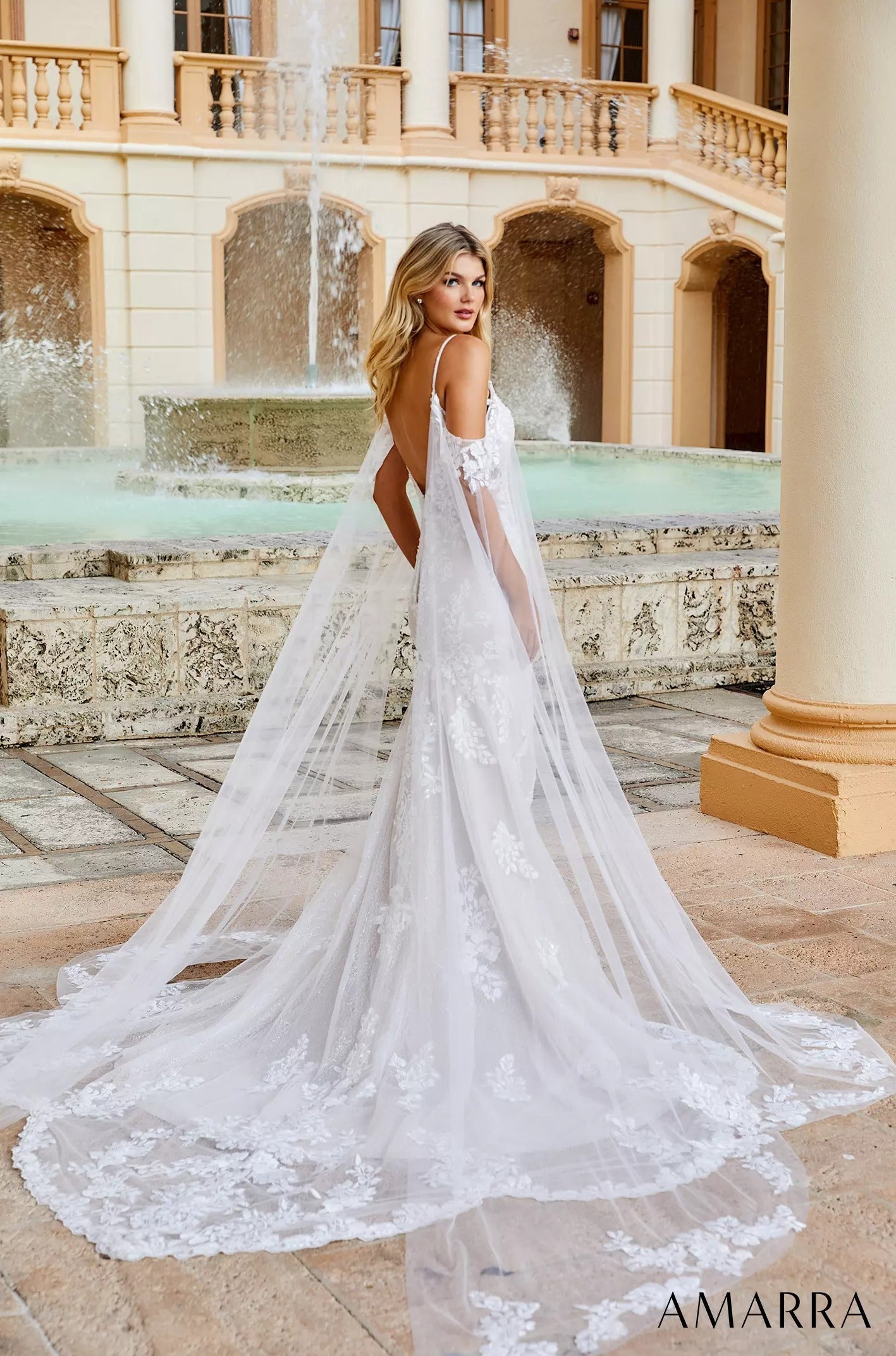 Wedding Dresses Floral Lace Glitter Cape Long Fitted Bridal Wedding Dress Amarra 84377 Ivory/Ivory
