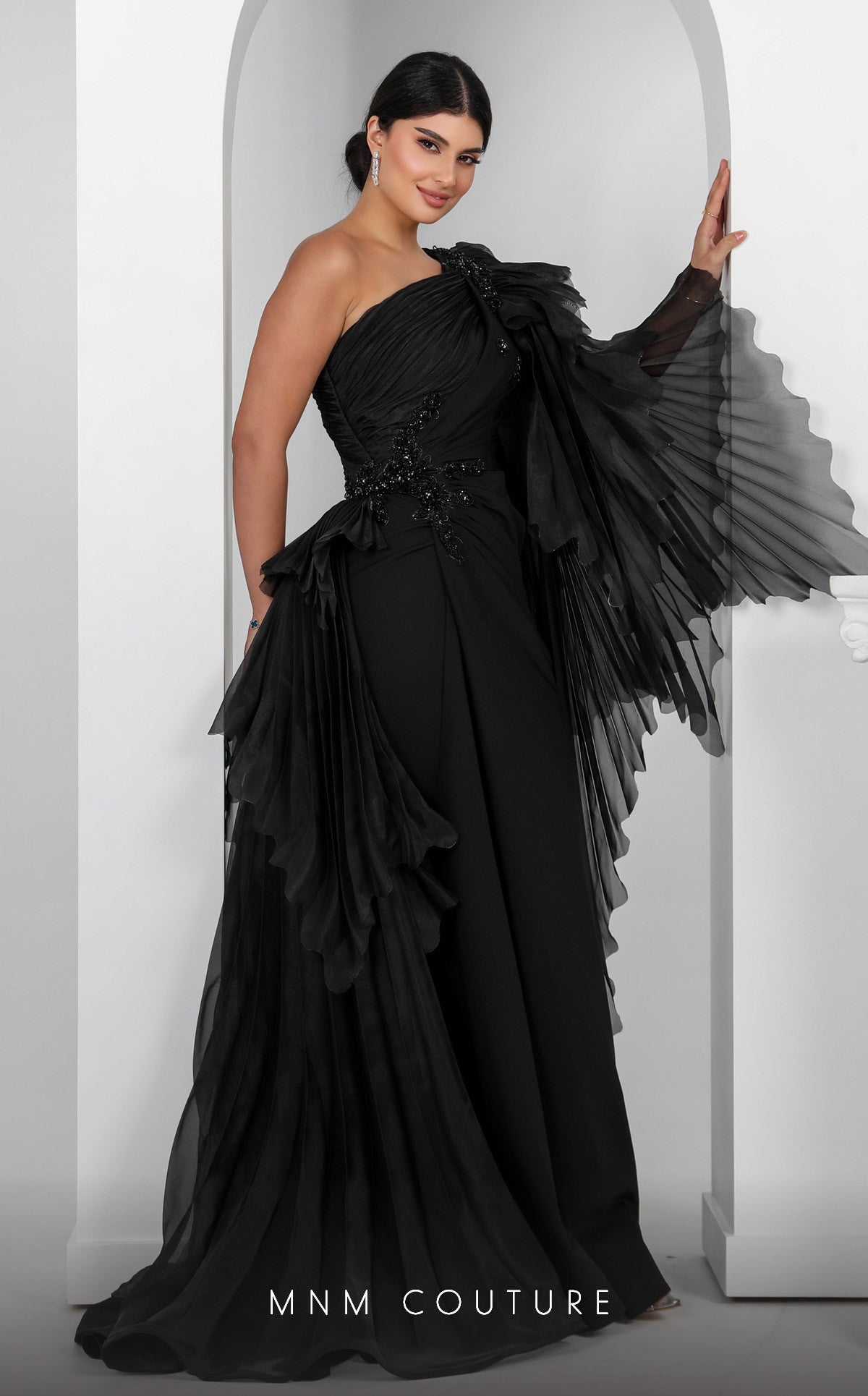 One-Shoulder Floor-Length Chiffon Formal Sheath MNM Couture F02801