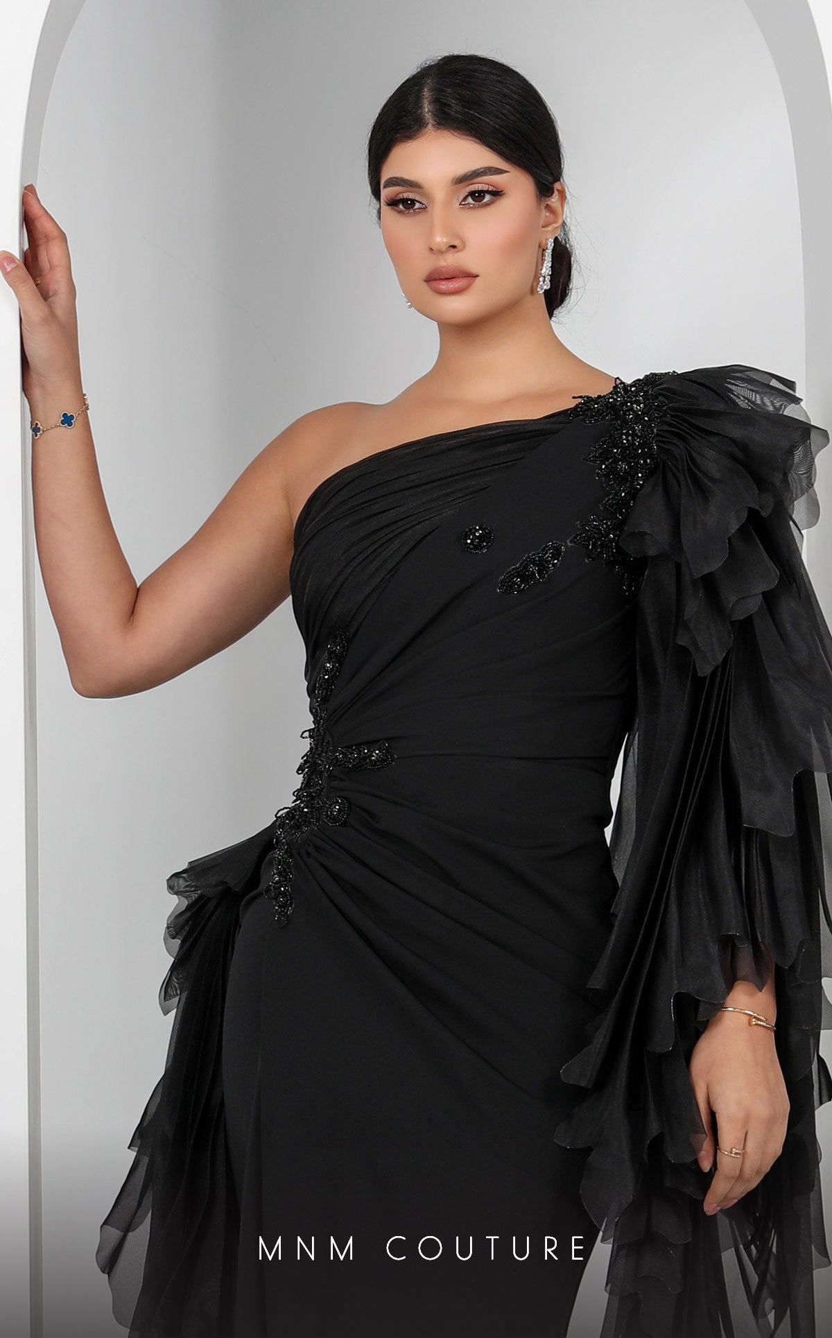 One-Shoulder Floor-Length Chiffon Formal Sheath MNM Couture F02801