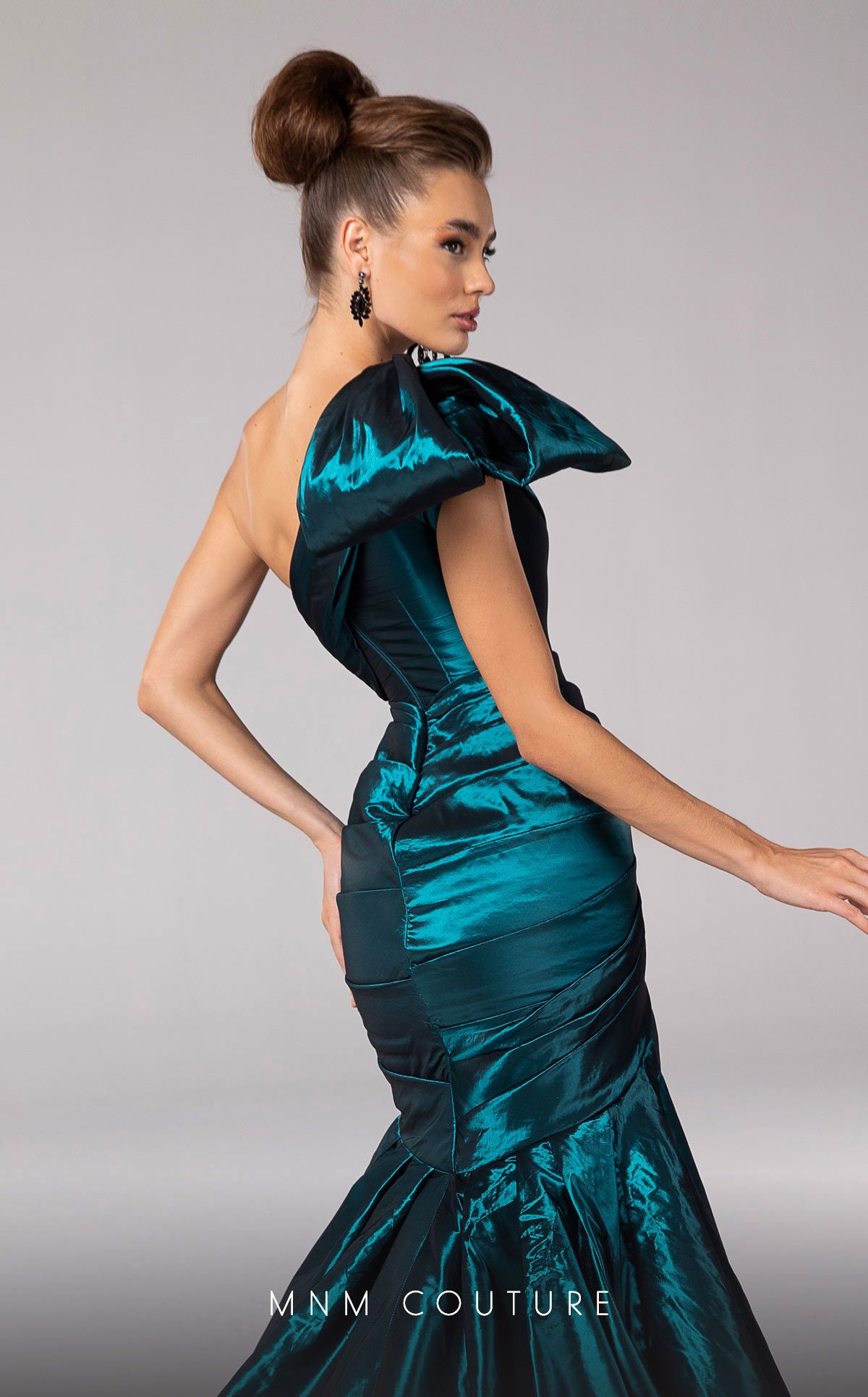 One-Shoulder Mermaid Satin Gown by MNM Couture F02833 in Turquoise