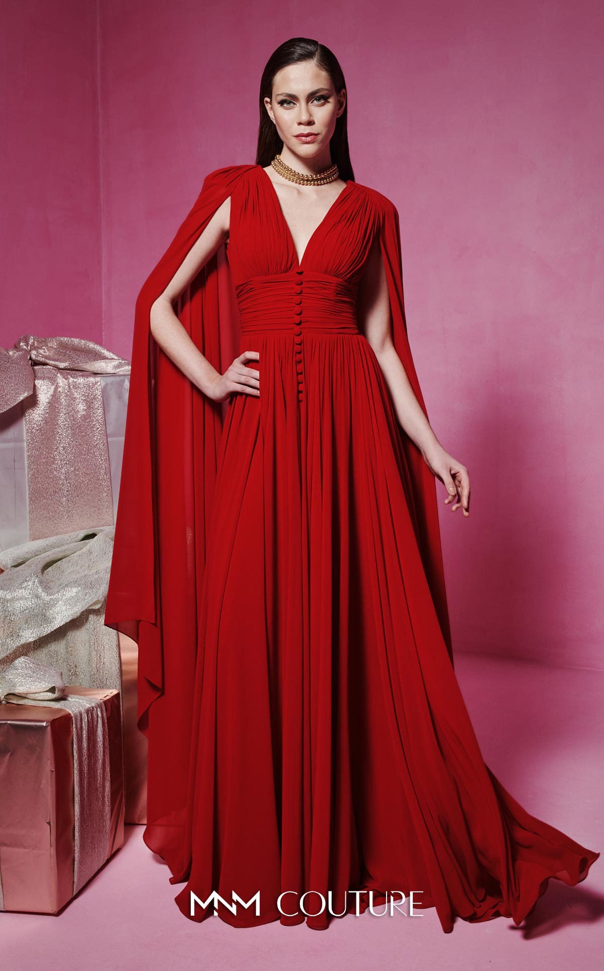 Mother of the Bride Dresses Long Formal Cape Mother of the Bride Dress MNM Couture F02845 Red