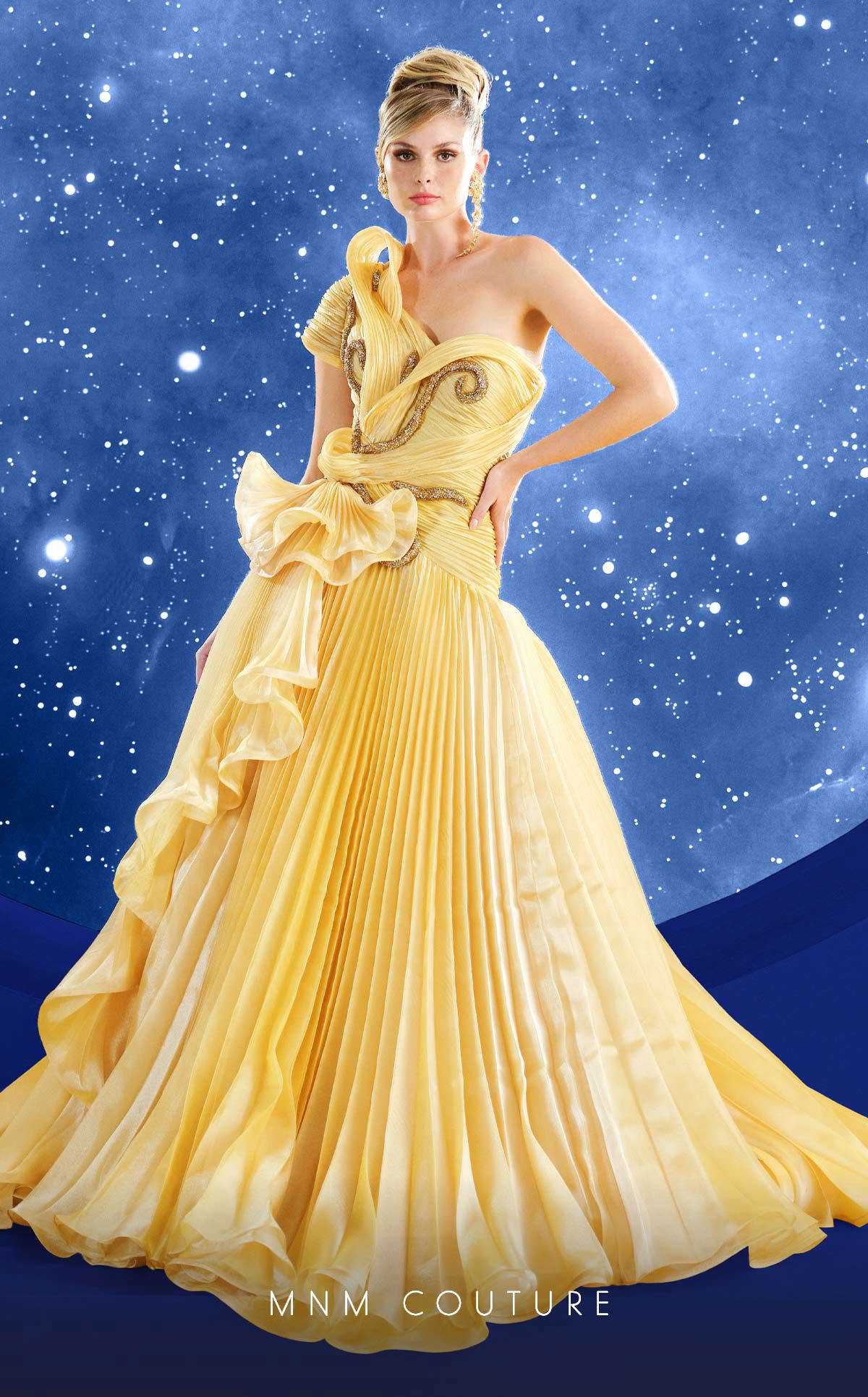 Prom Dresses Long Beaded Ruffle A Line Formal Evening Prom Dress MNM Couture F02856 Yellow
