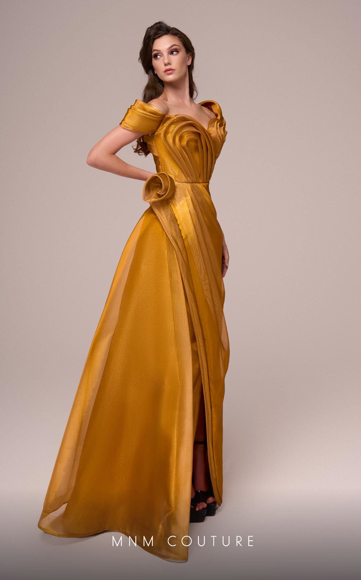 Formal Dresses Metallic Pleated Long Formal Slit Dress MNM Couture F02884 Gold
