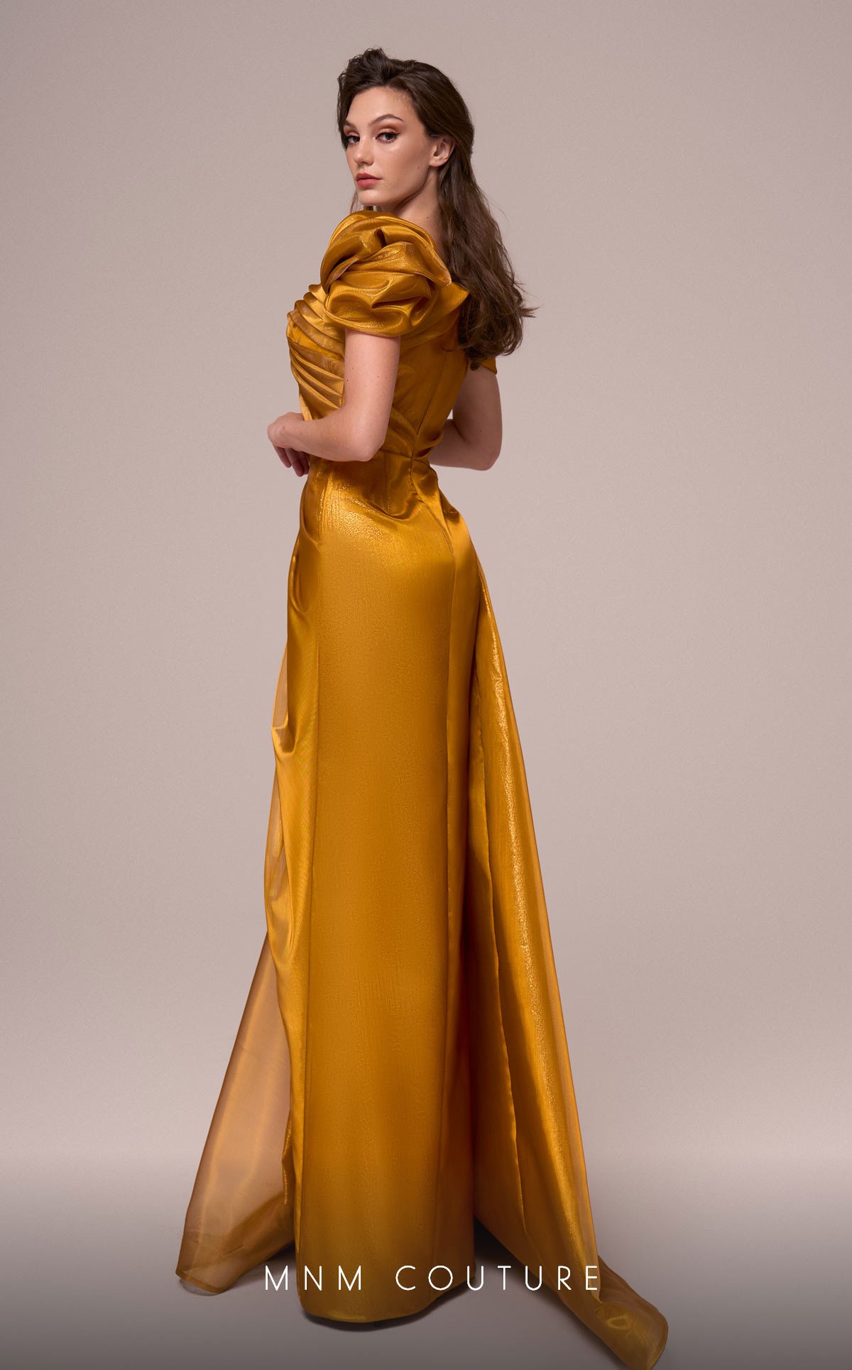 Formal Dresses Metallic Pleated Long Formal Slit Dress MNM Couture F02884 Gold
