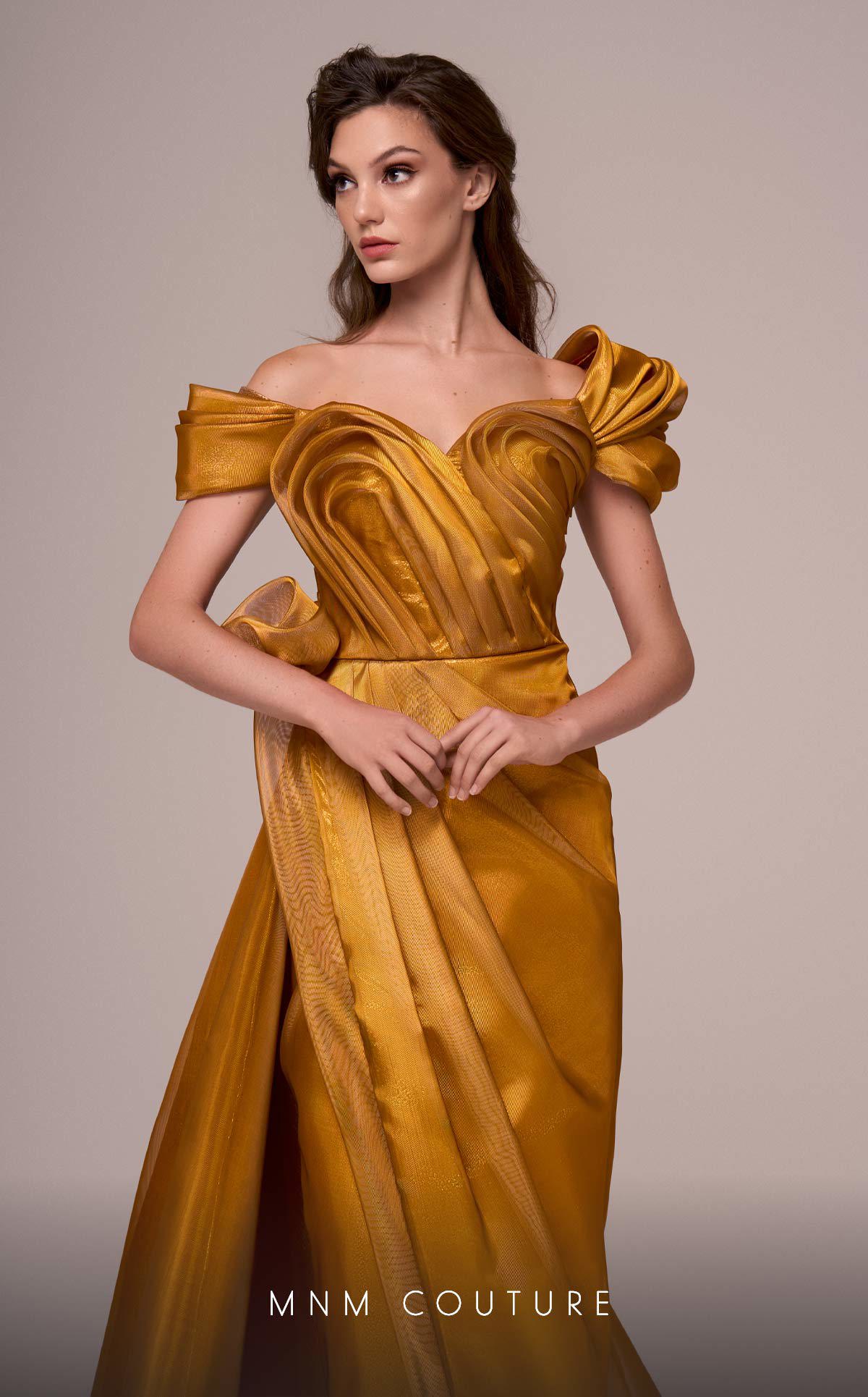 Formal Dresses Metallic Pleated Long Formal Slit Dress MNM Couture F02884 Gold