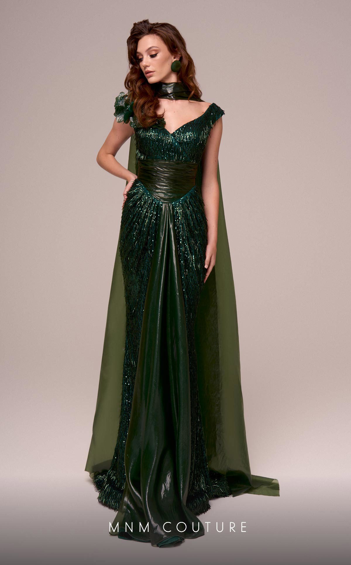 Formal Dresses Beaded Long Formal Cape Mother of the Bride Dress MNM Couture F02889 Green