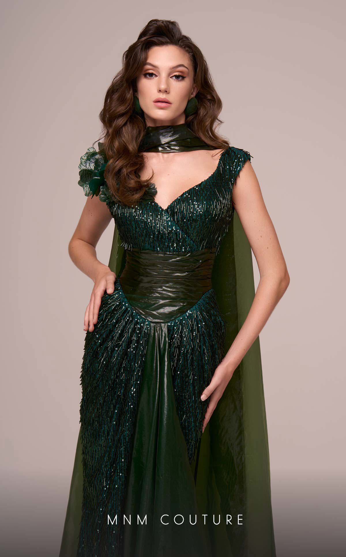 Formal Dresses Beaded Long Formal Cape Mother of the Bride Dress MNM Couture F02889 Green