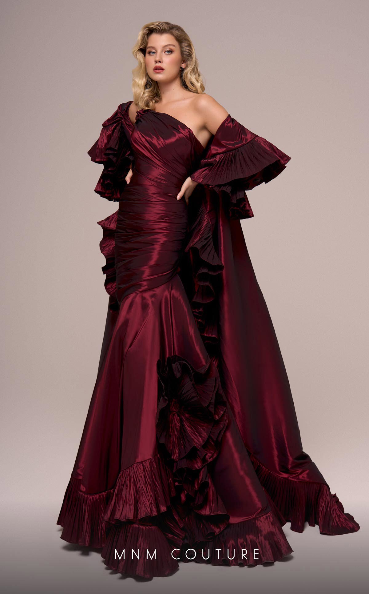 Formal Dresses Long Cape Ruffle Formal Evening Dress MNM Couture F02893 Burgundy