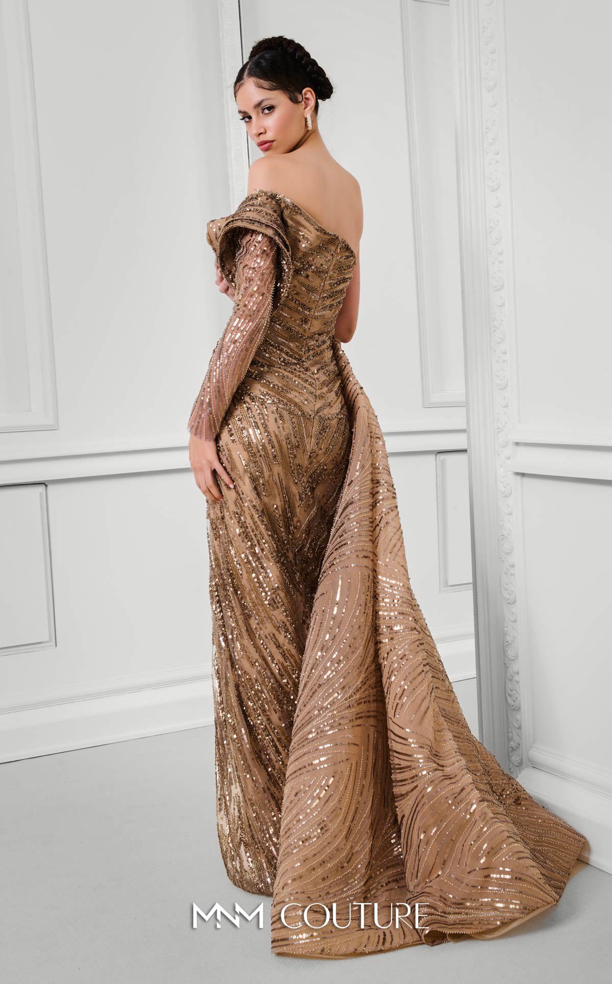 Prom Dresses Long Formal Slit Pleated Floral Prom Dress MNM Couture F02897B Gold