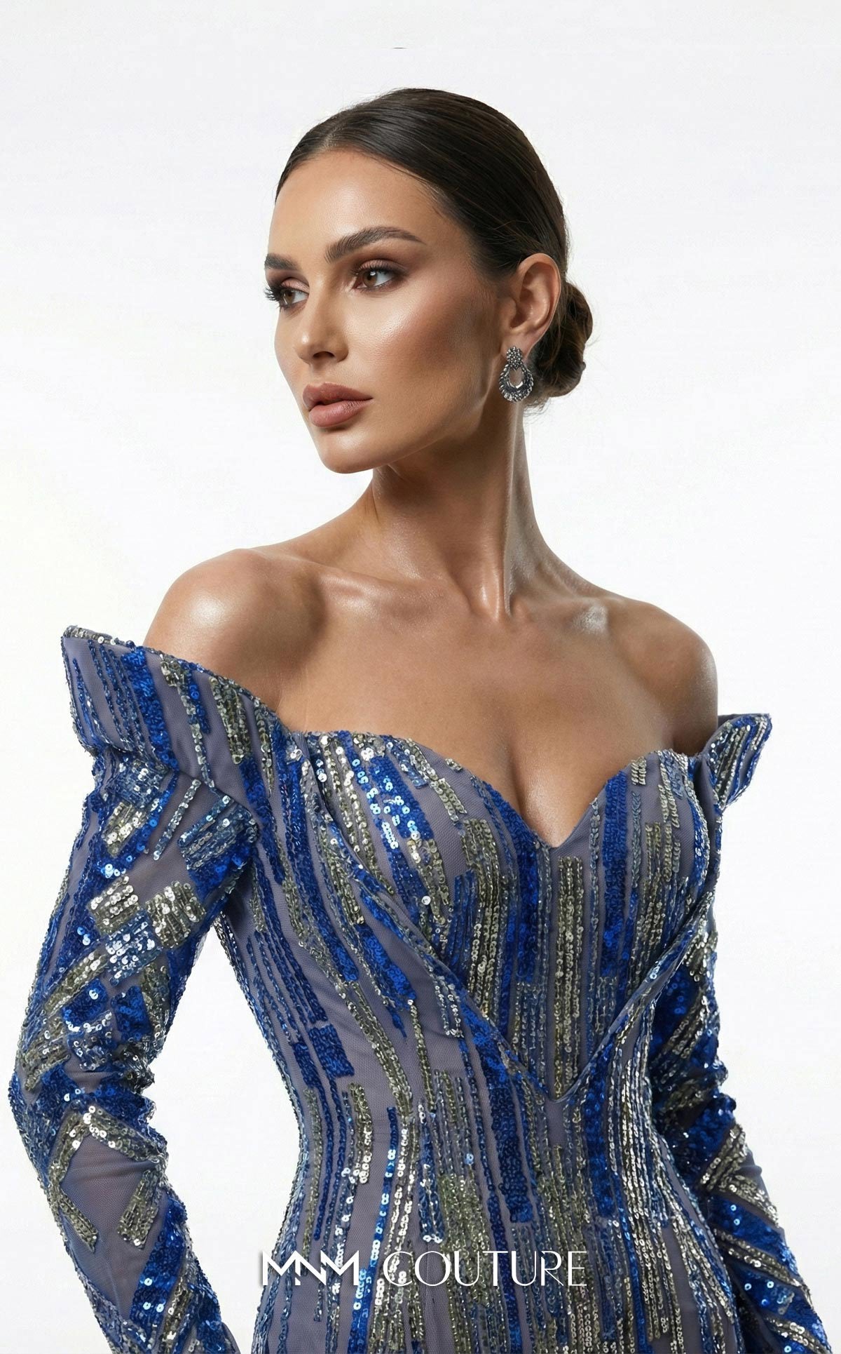 Off-Shoulder Long Sequin Evening Gown by MNM Couture F02900A in Royal Blue