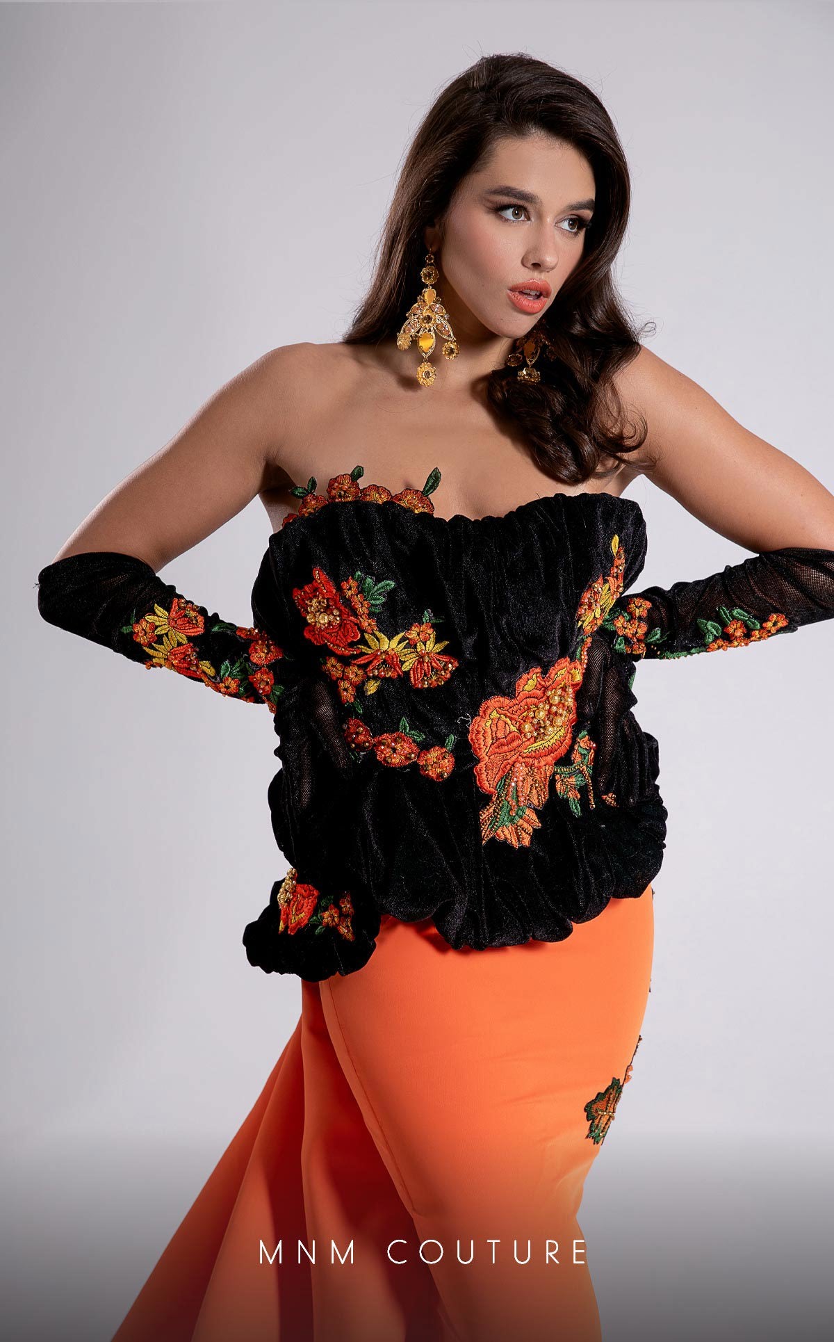 Prom Dresses Long Formal Velvet Corset Floral Prom Dress MNM Couture F02902 Orange