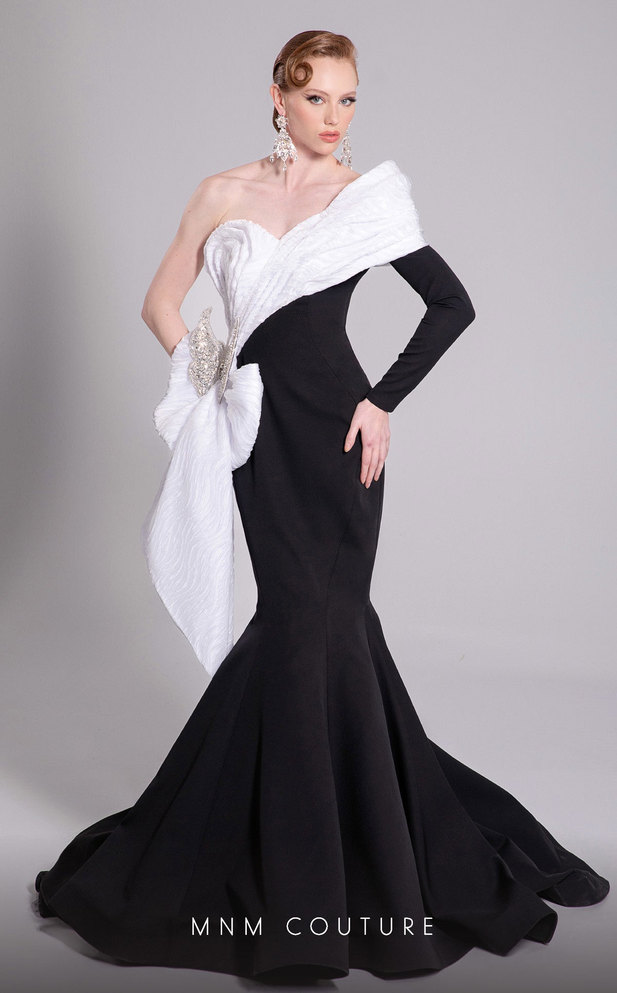 Prom Dresses Pleated Long Formal Mermaid Prom Dress MNM Couture F02907 Black/White