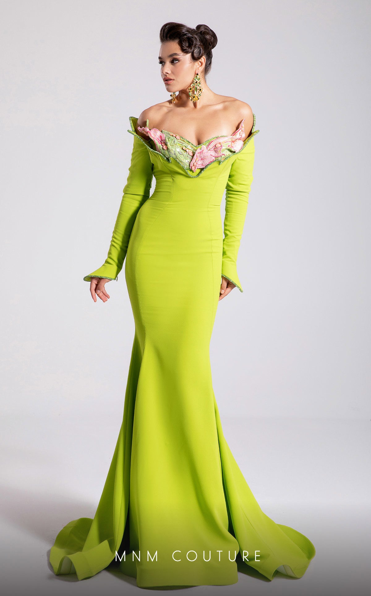 Prom Dresses Long Formal Mermaid Floral Ruffle Prom Dress MNM Couture F02908 Lime