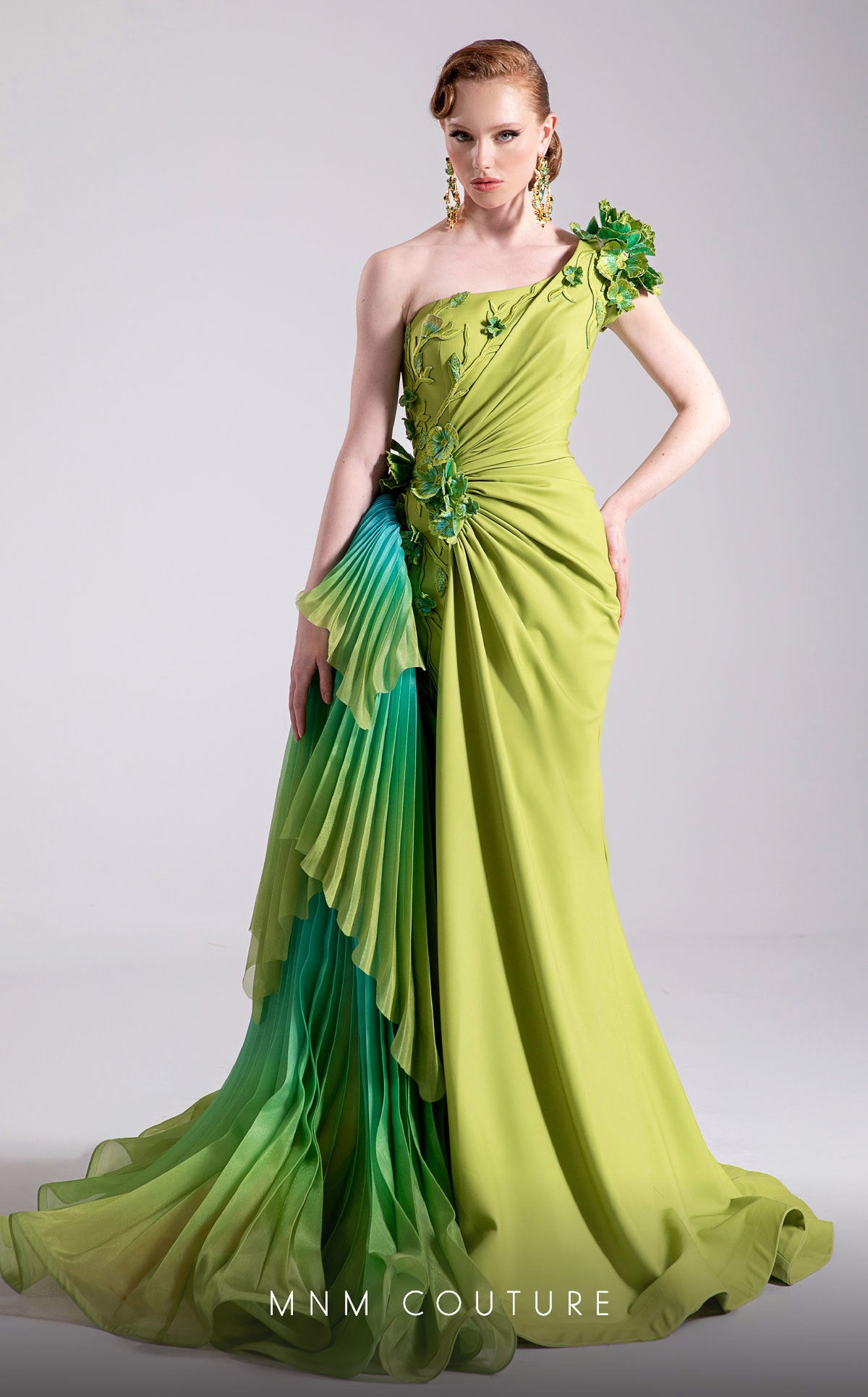 Formal Dresses Long Pleated Floral Applique Ruffle Formal Dress MNM Couture F02911 Pistache