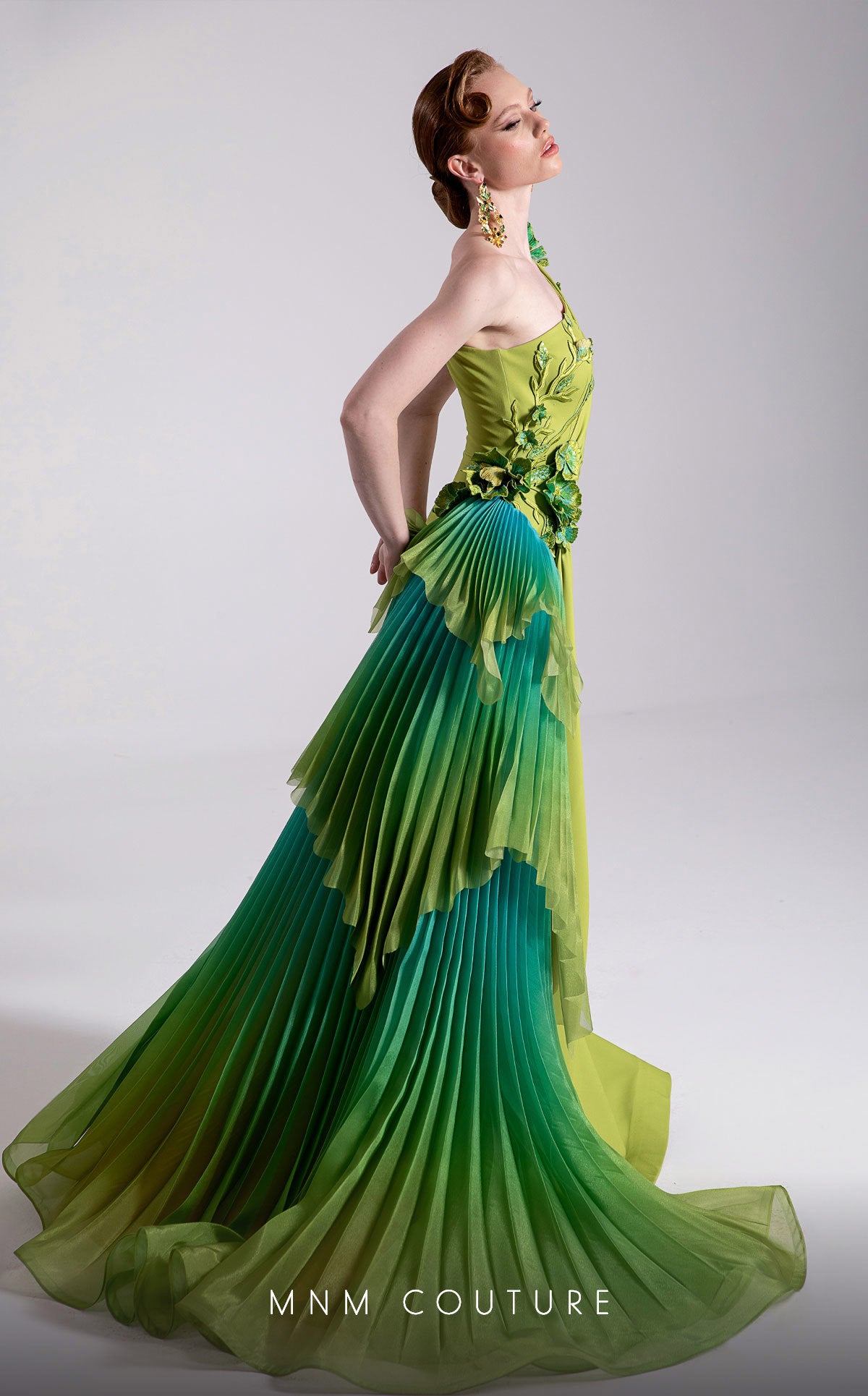 Formal Dresses Long Pleated Floral Applique Ruffle Formal Dress MNM Couture F02911 Pistache