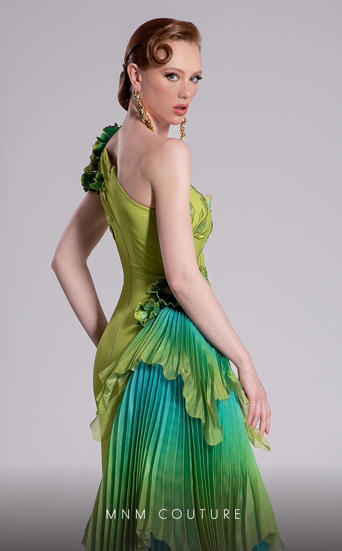 Formal Dresses Long Pleated Floral Applique Ruffle Formal Dress MNM Couture F02911 Pistache