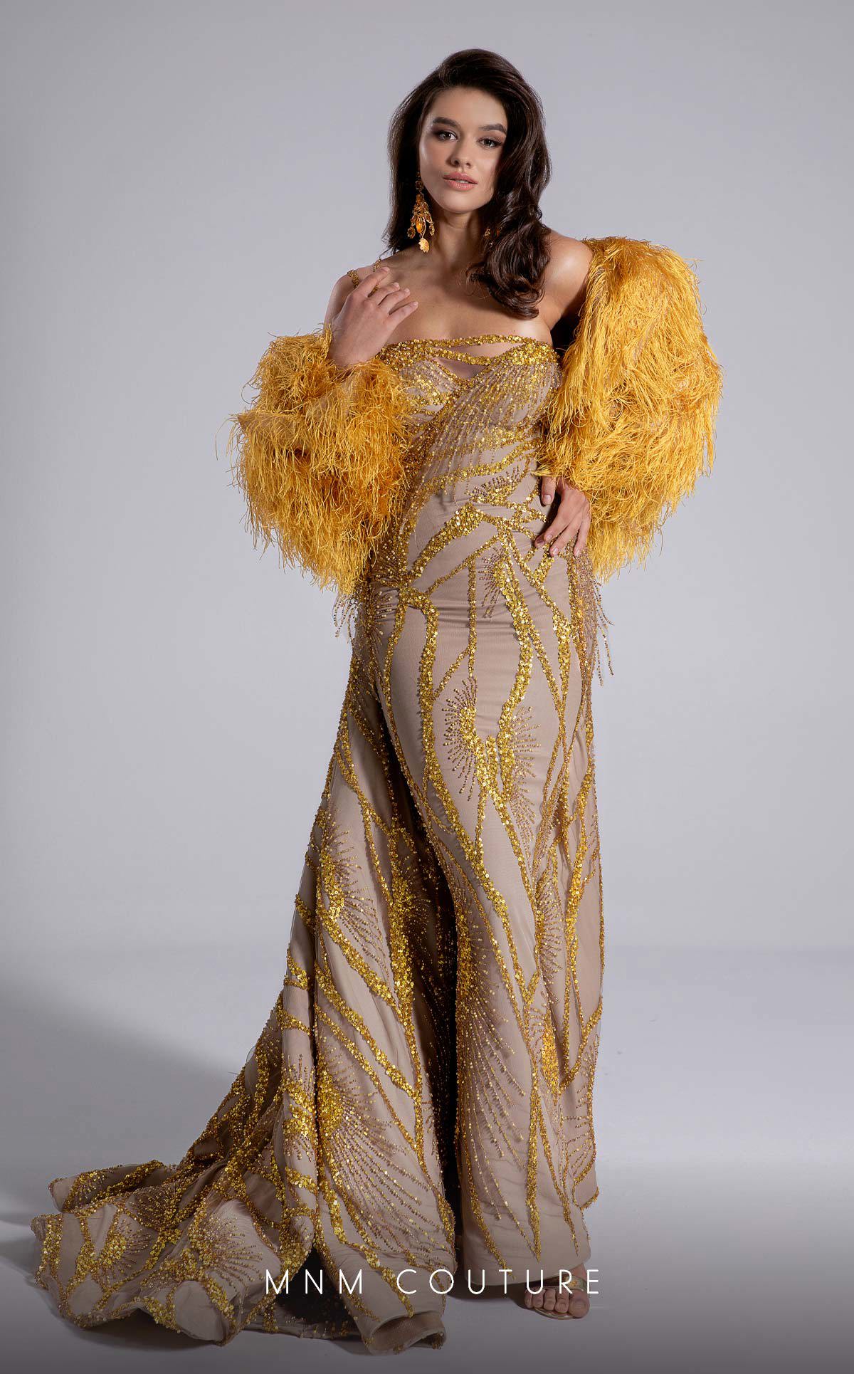 Prom Dresses Long Formal Sequin Fitted Beaded Prom Dress MNM Couture F02914 Gold
