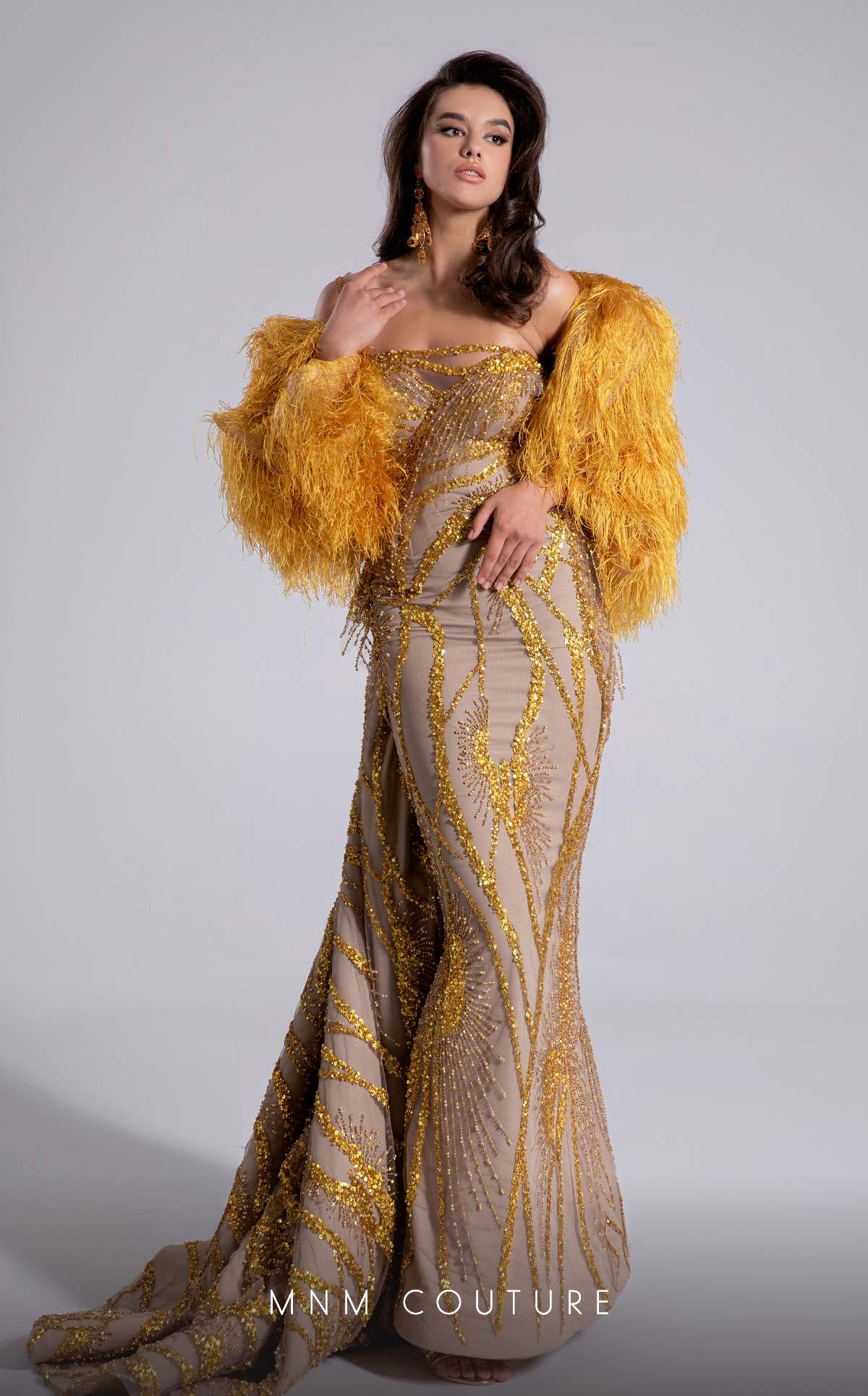 Prom Dresses Long Formal Sequin Fitted Beaded Prom Dress MNM Couture F02914 Gold