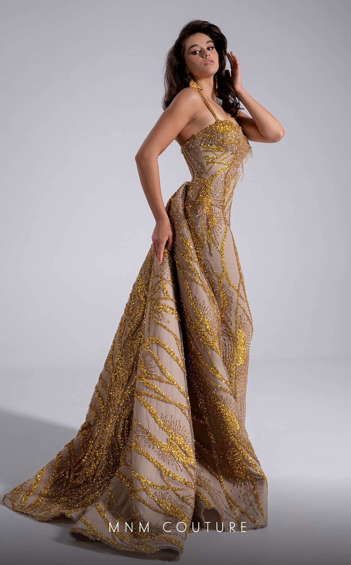 Prom Dresses Long Formal Sequin Fitted Beaded Prom Dress MNM Couture F02914 Gold