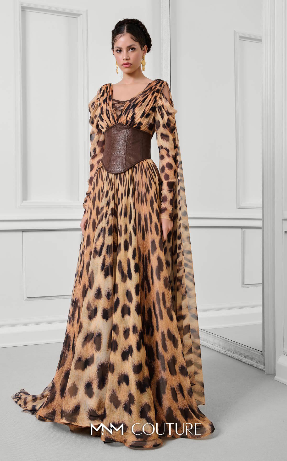 V-Neck Long Printed Chiffon Evening Gown by MNM Couture F02921 in Tiger