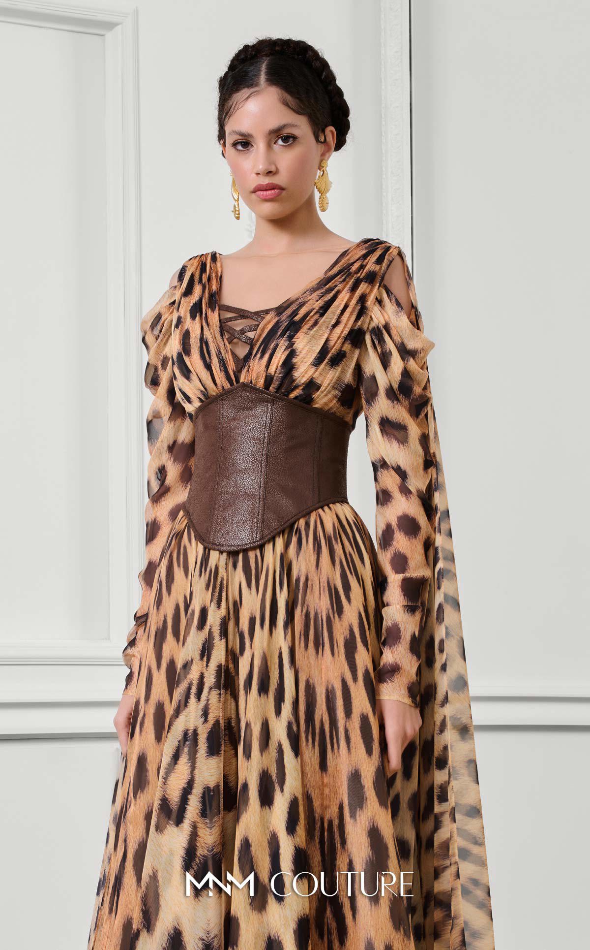 V-Neck Long Printed Chiffon Evening Gown by MNM Couture F02921 in Tiger