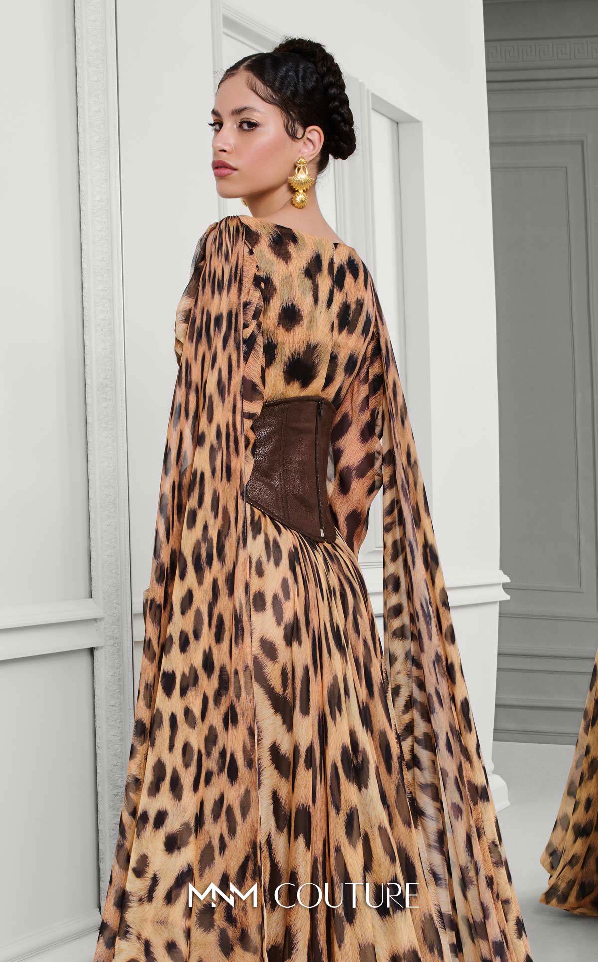 V-Neck Long Printed Chiffon Evening Gown by MNM Couture F02921 in Tiger