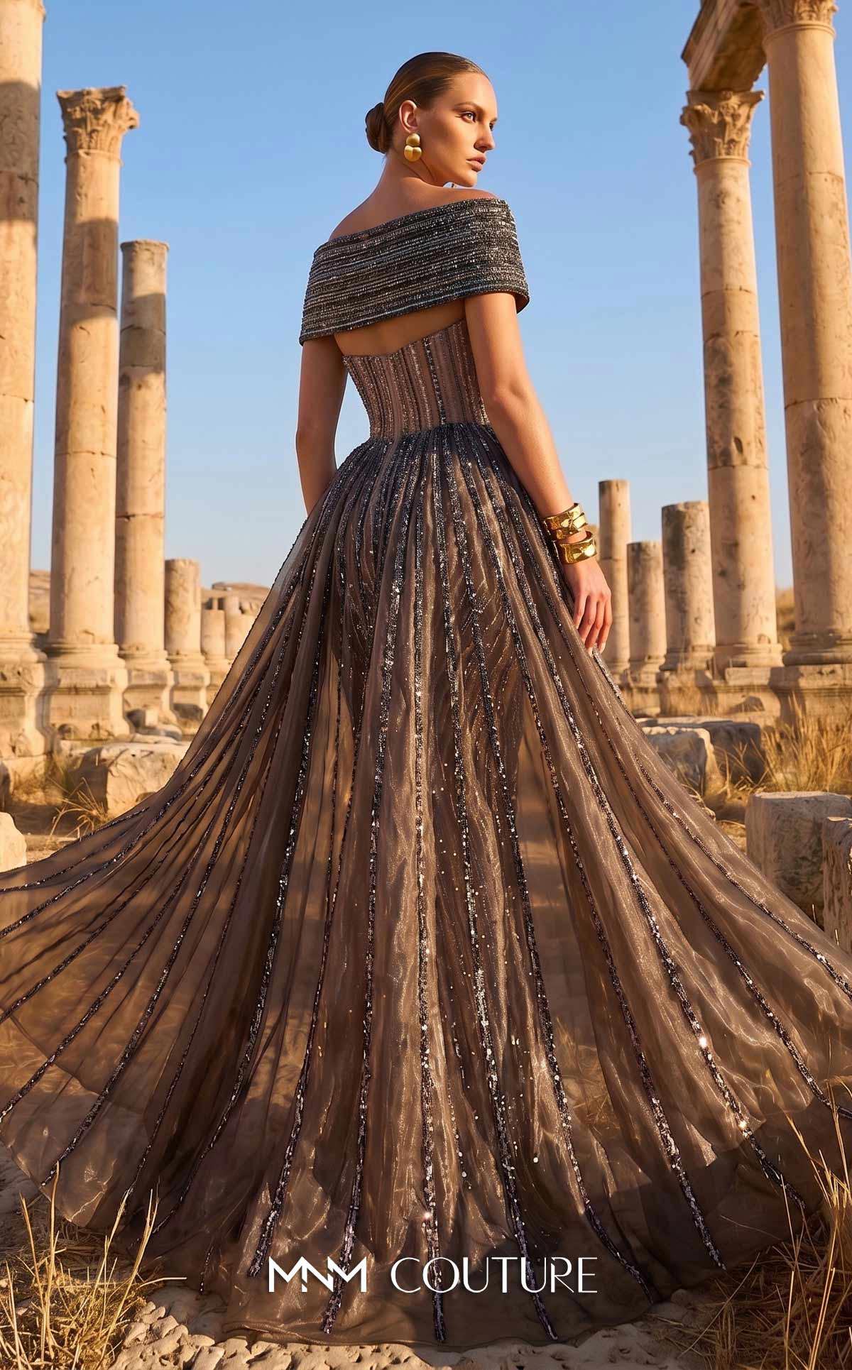 Off-the-Shoulder Floor-Length Sequin Evening A-Line MNM Couture F02929