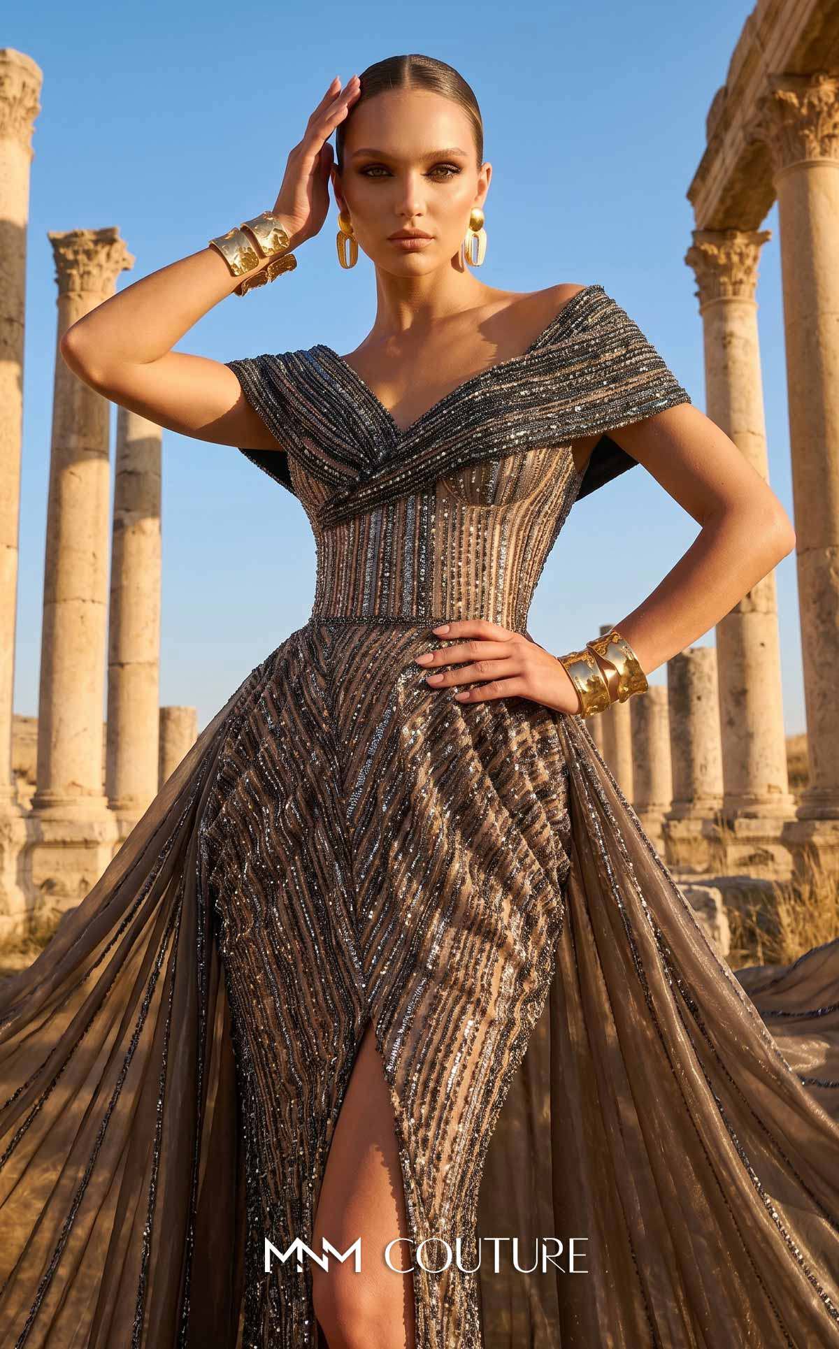 Off-the-Shoulder Floor-Length Sequin Evening A-Line MNM Couture F02929