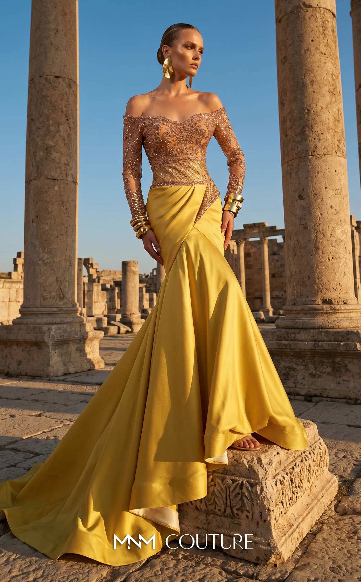 Off-the-Shoulder Floor-Length with Train Satin Formal Mermaid/Trumpet MNM Couture F02957
