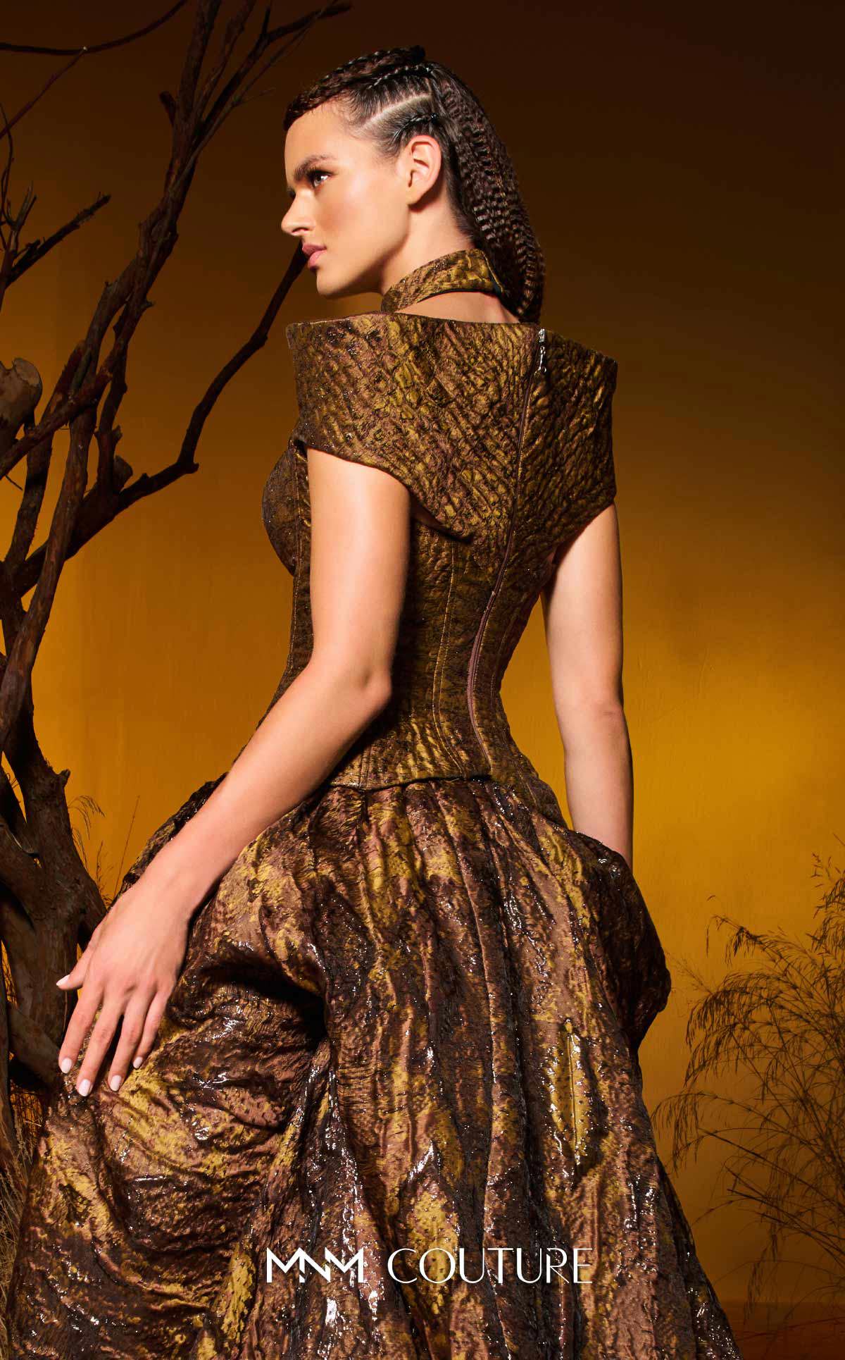 High Neck Floor-Length Brocade Ball Gown by MNM Couture F02971 in Brown