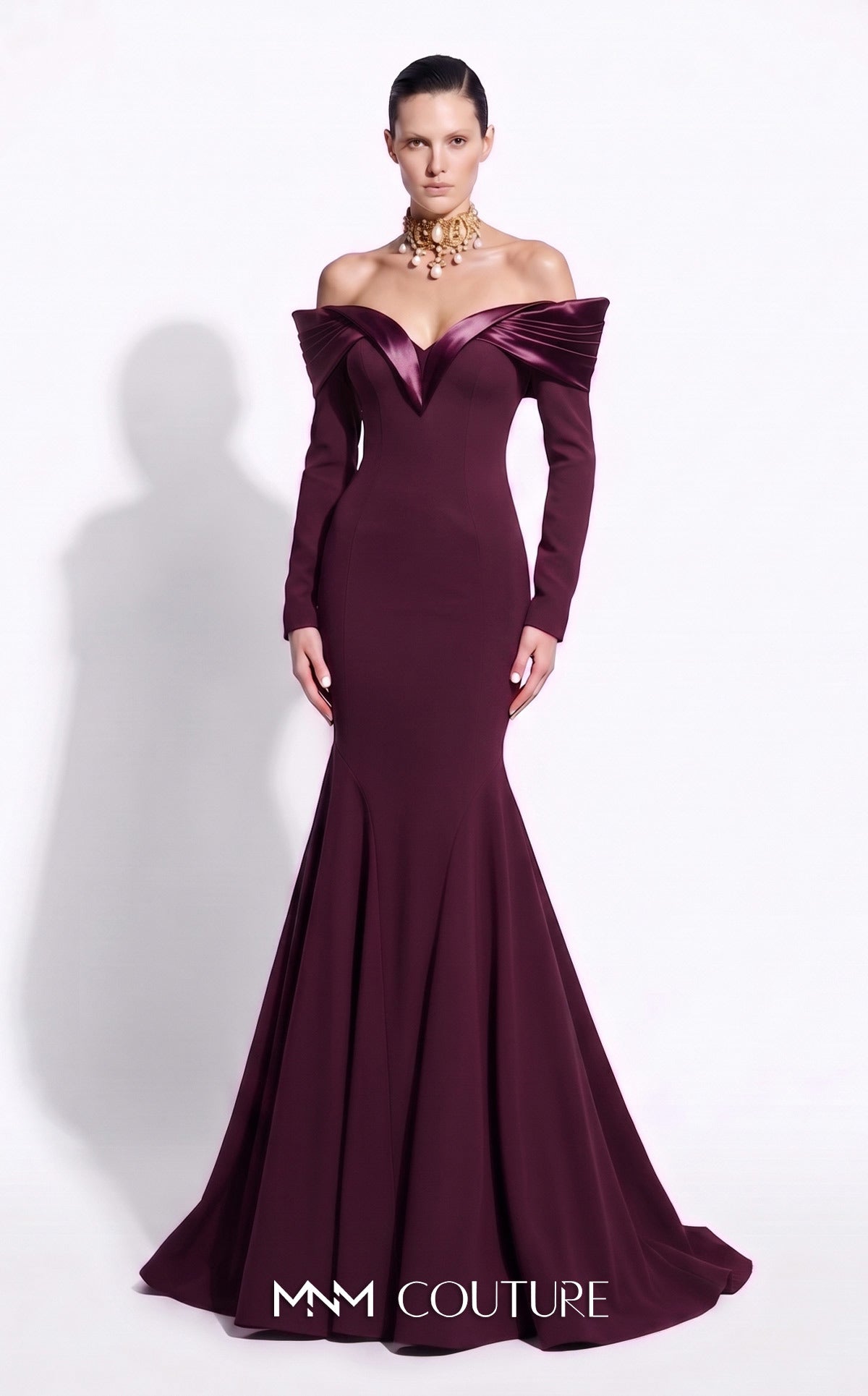 Purple Off-the-Shoulder Floor-Length Crepe Formal Evening Mermaid Gown MNM Couture F02973A