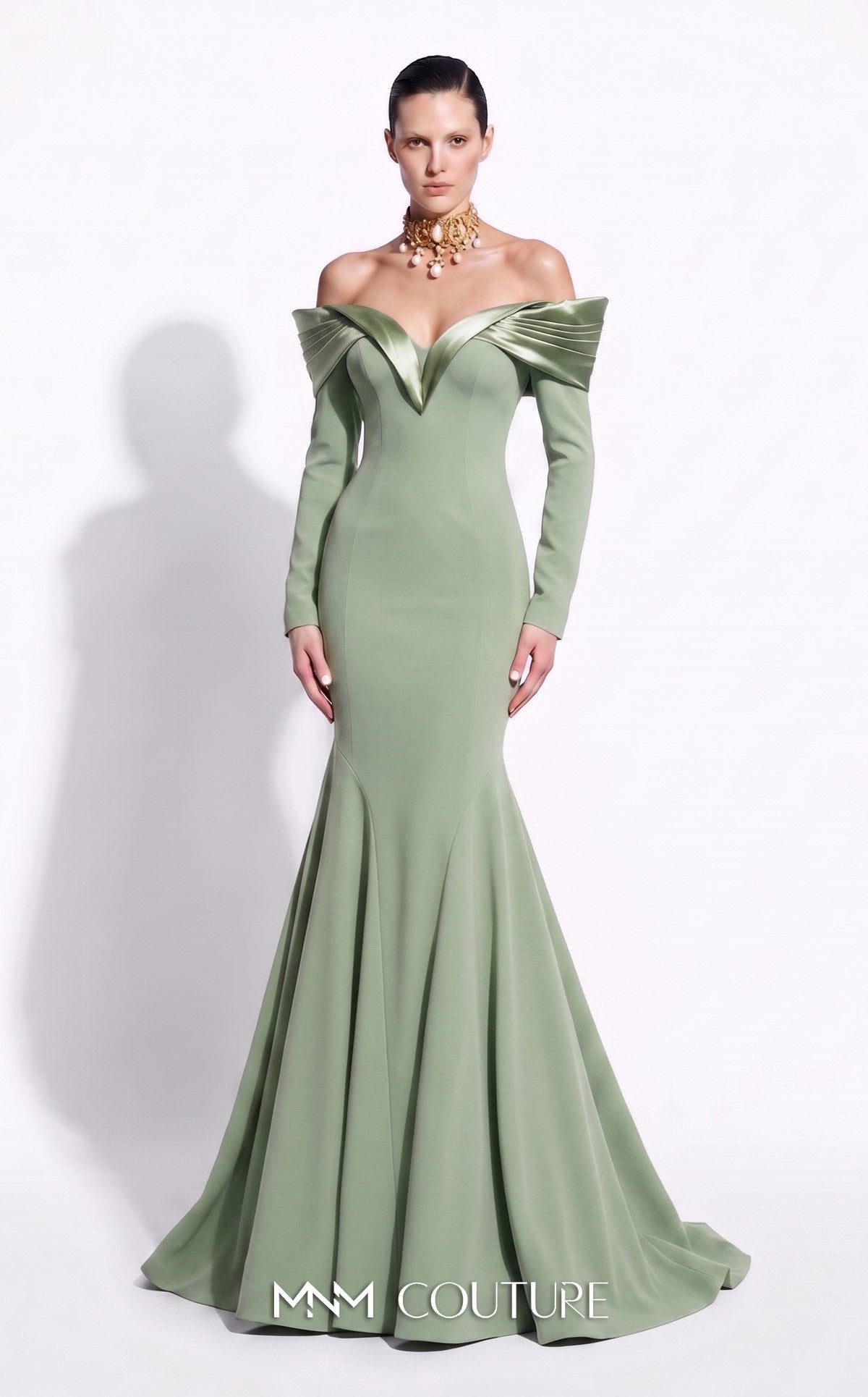 Green Off-the-Shoulder Floor-Length Crepe Formal Evening Mermaid Gown MNM Couture F02973A