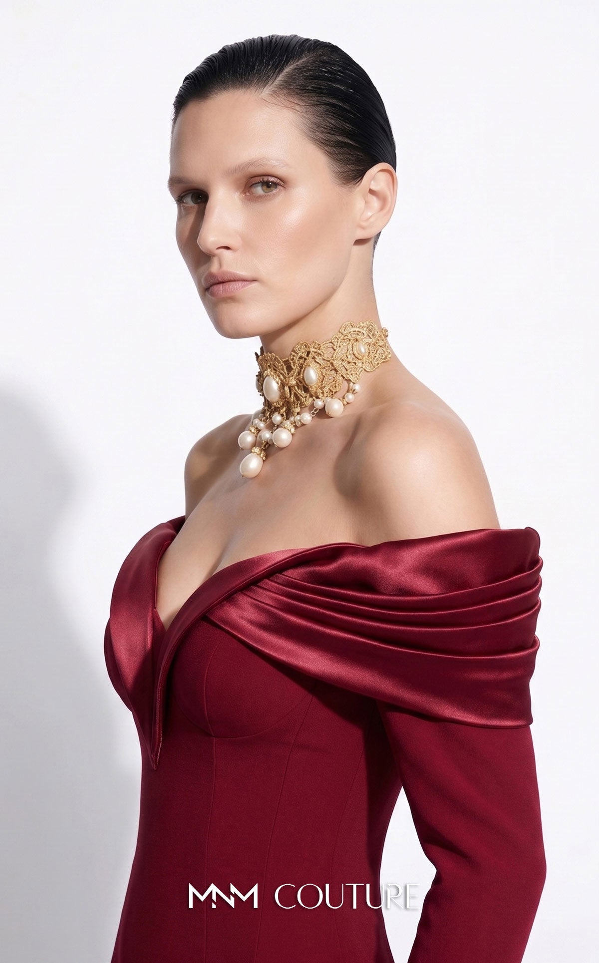 Cherry Off-the-Shoulder Floor-Length Crepe Formal Evening Mermaid Gown MNM Couture F02973A