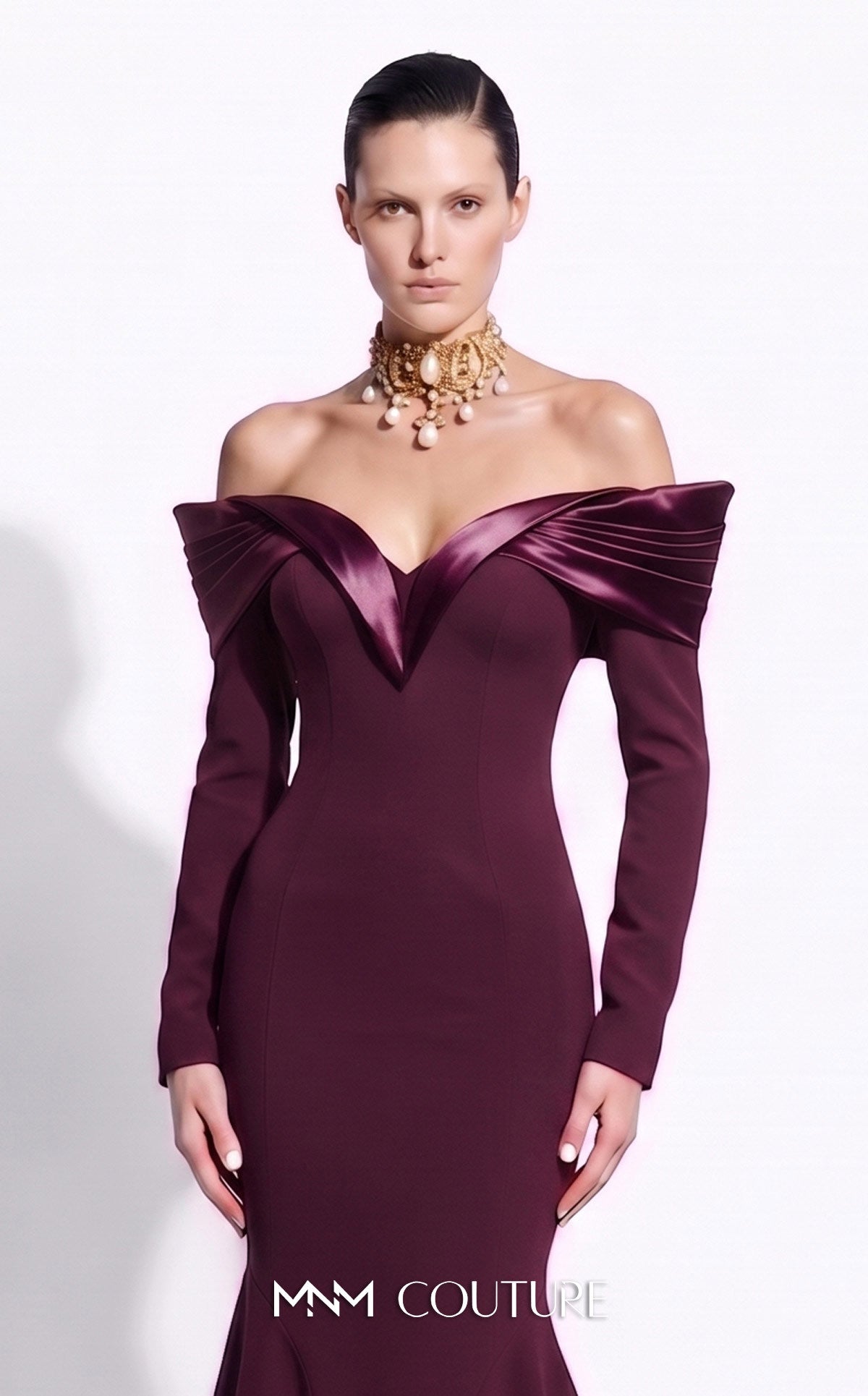 Purple Off-the-Shoulder Floor-Length Crepe Formal Evening Mermaid Gown MNM Couture F02973A