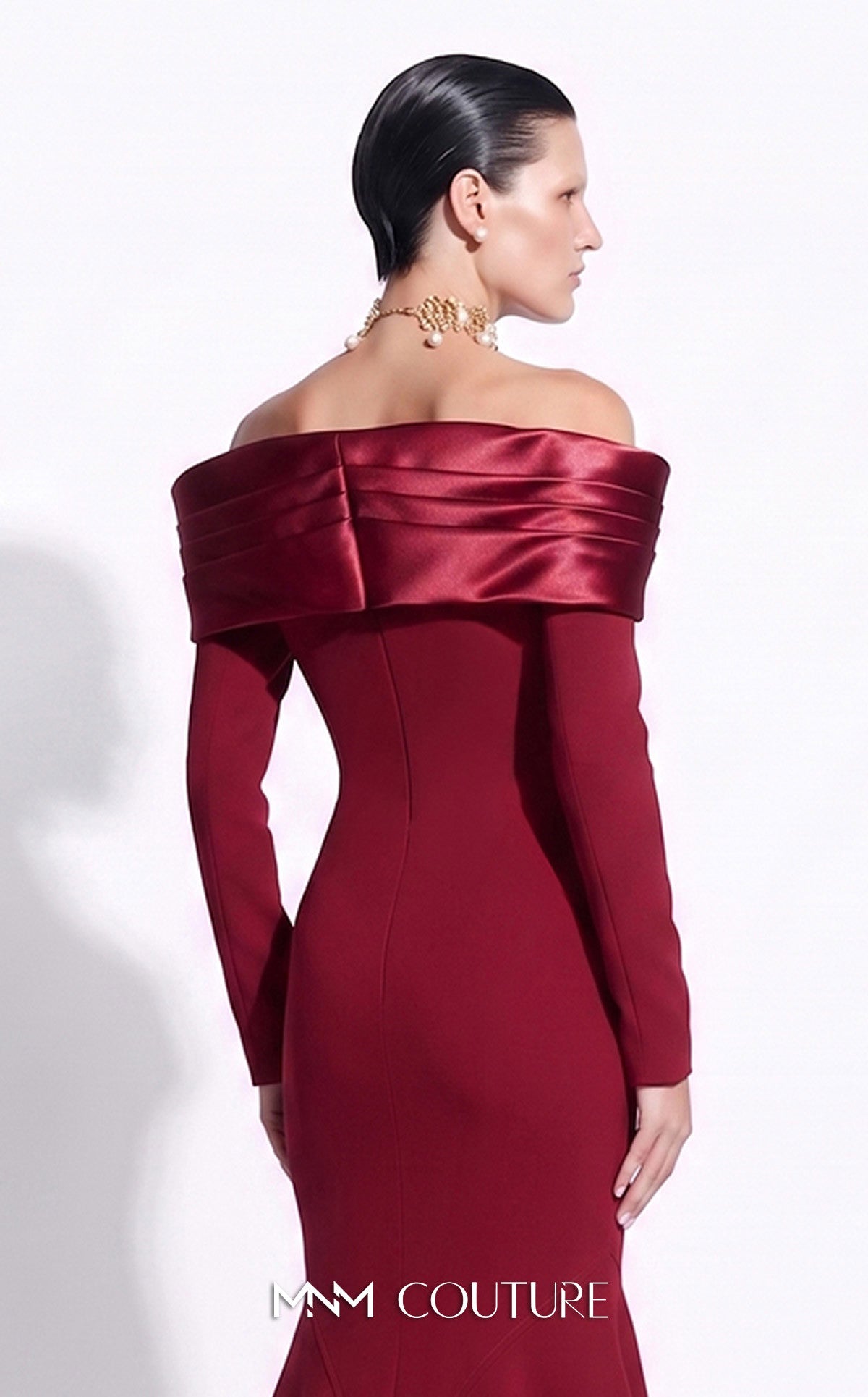 Cherry Off-the-Shoulder Floor-Length Crepe Formal Evening Mermaid Gown MNM Couture F02973A