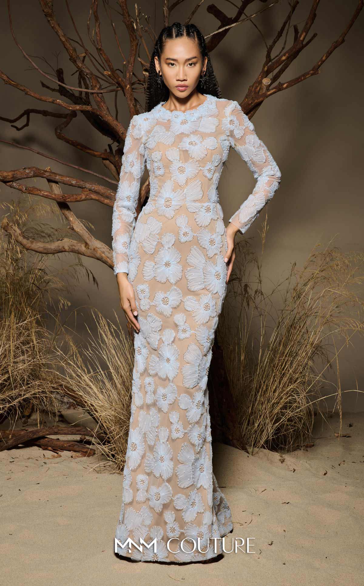 Mother of the Bride Dresses Long Sleeve Floral Applique Formal Fitted Mother of the Bride Dress MNM Couture F02997 Blue