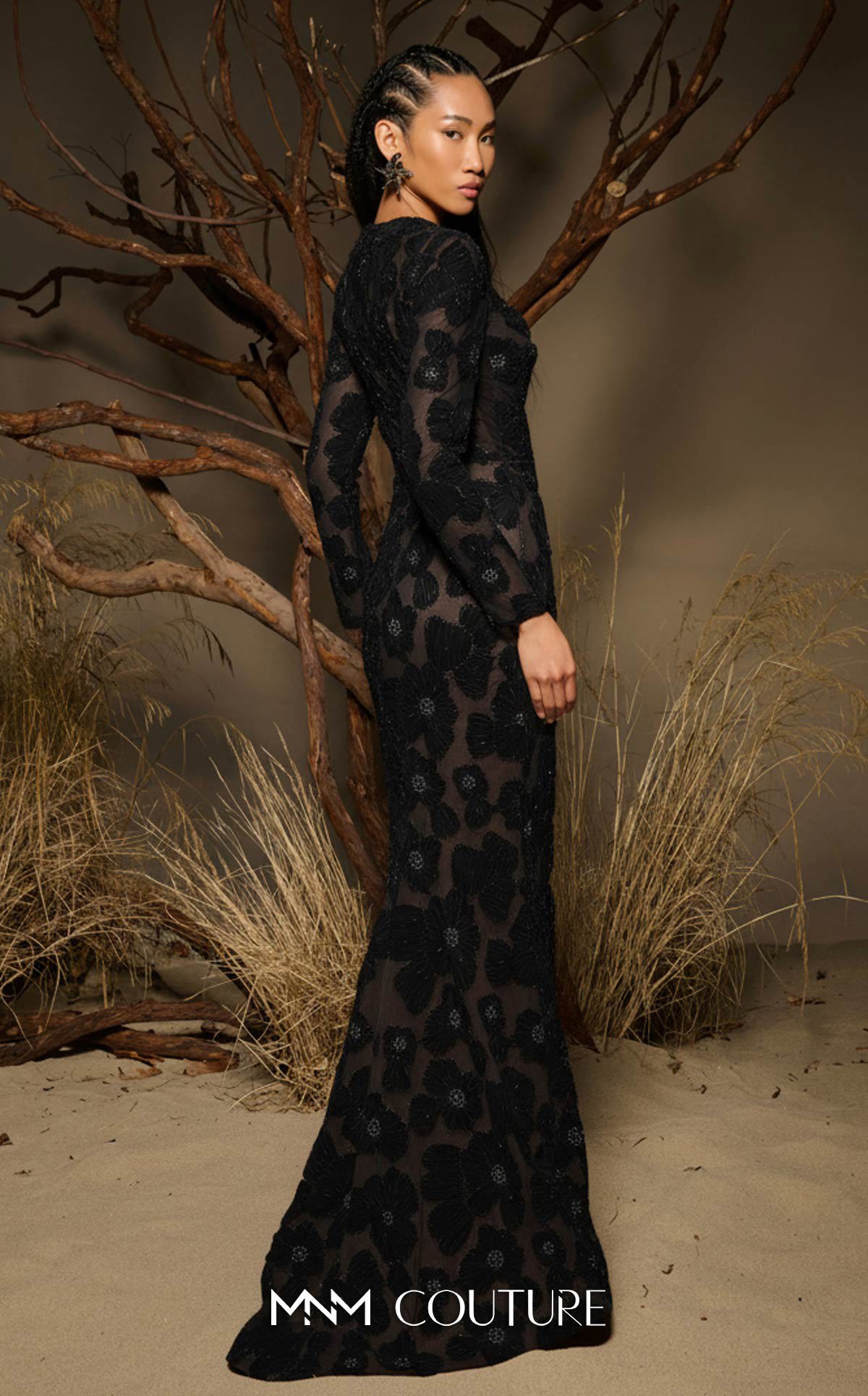 Mother of the Bride Dresses Long Sleeve Floral Applique Formal Fitted Mother of the Bride Dress MNM Couture F02997 Black